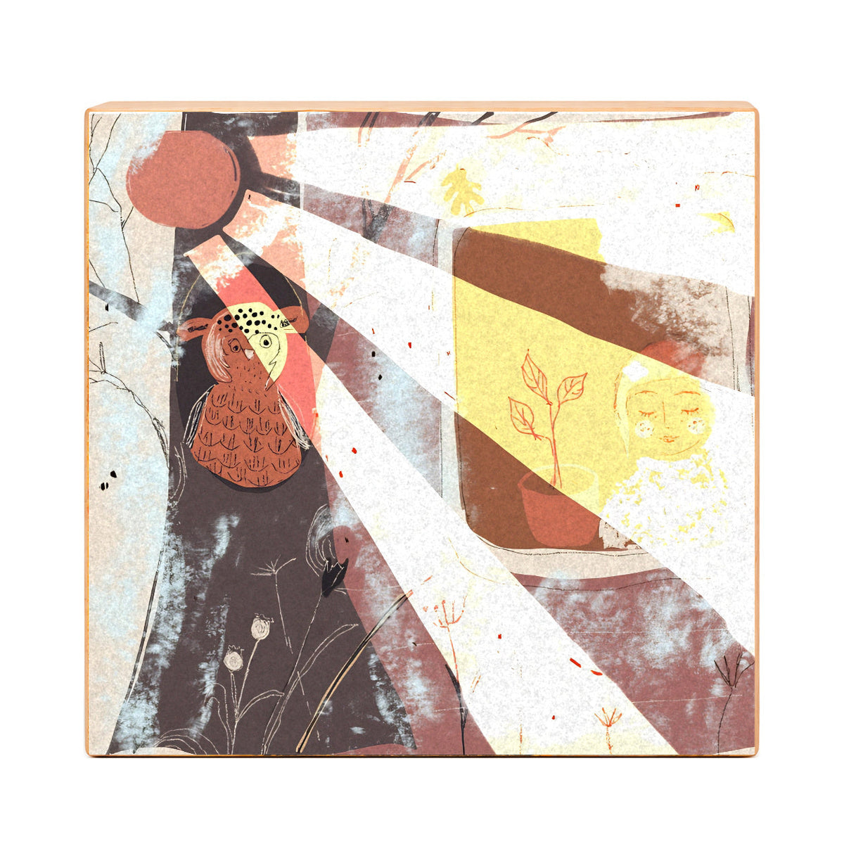 Morning Sunlight girl in window and owl in tree art print, front view on gesso board