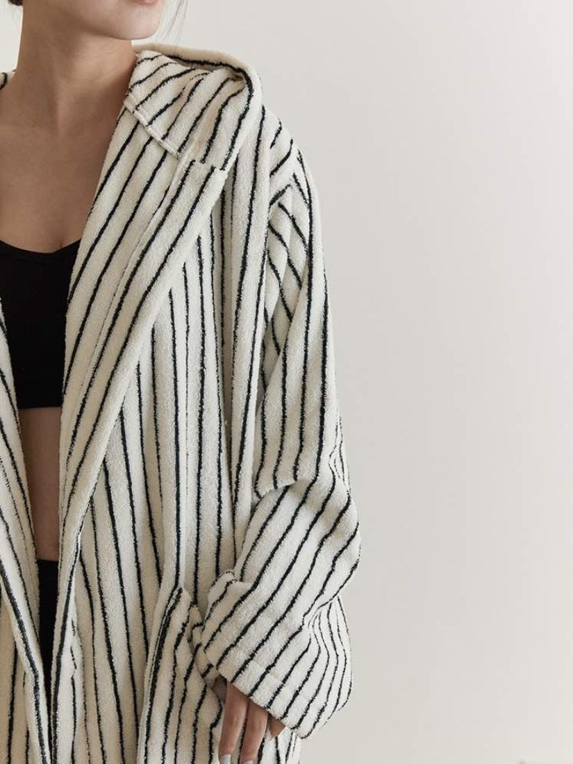 Retro 100% ORGANIC Long - stapled Cotton Hooded Stripe Bath Robe - Retro Striped Bath Robe - INSPECIAL HOME