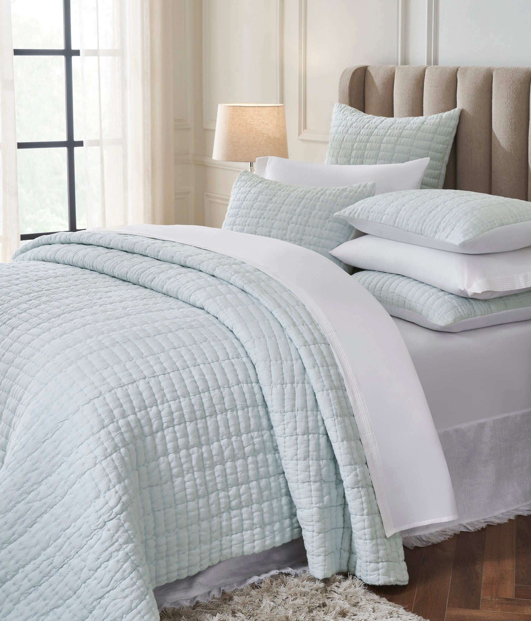 QT-373-9496_3|Soft light blue quilted bedding, featuring a cozy textured grid pattern, perfect for adding serene comfort to any bedroom decor.