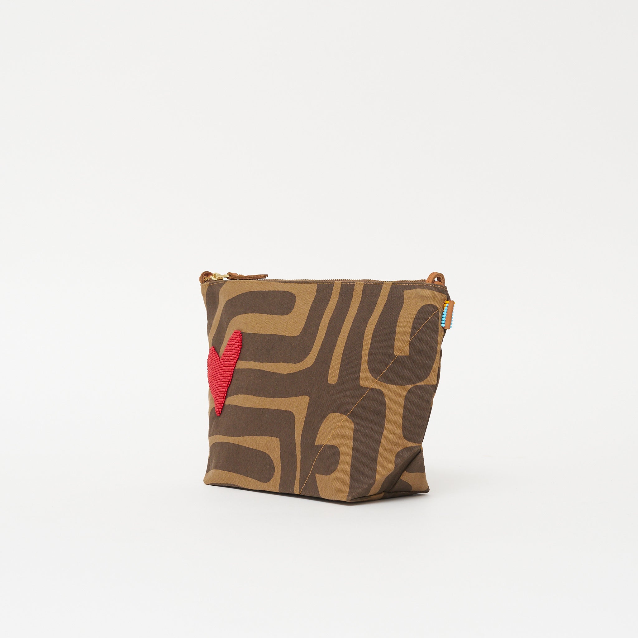 XLarge Convertible Pouch - Mocha Kuba with Red Beaded Heart with Medium Leather Strap