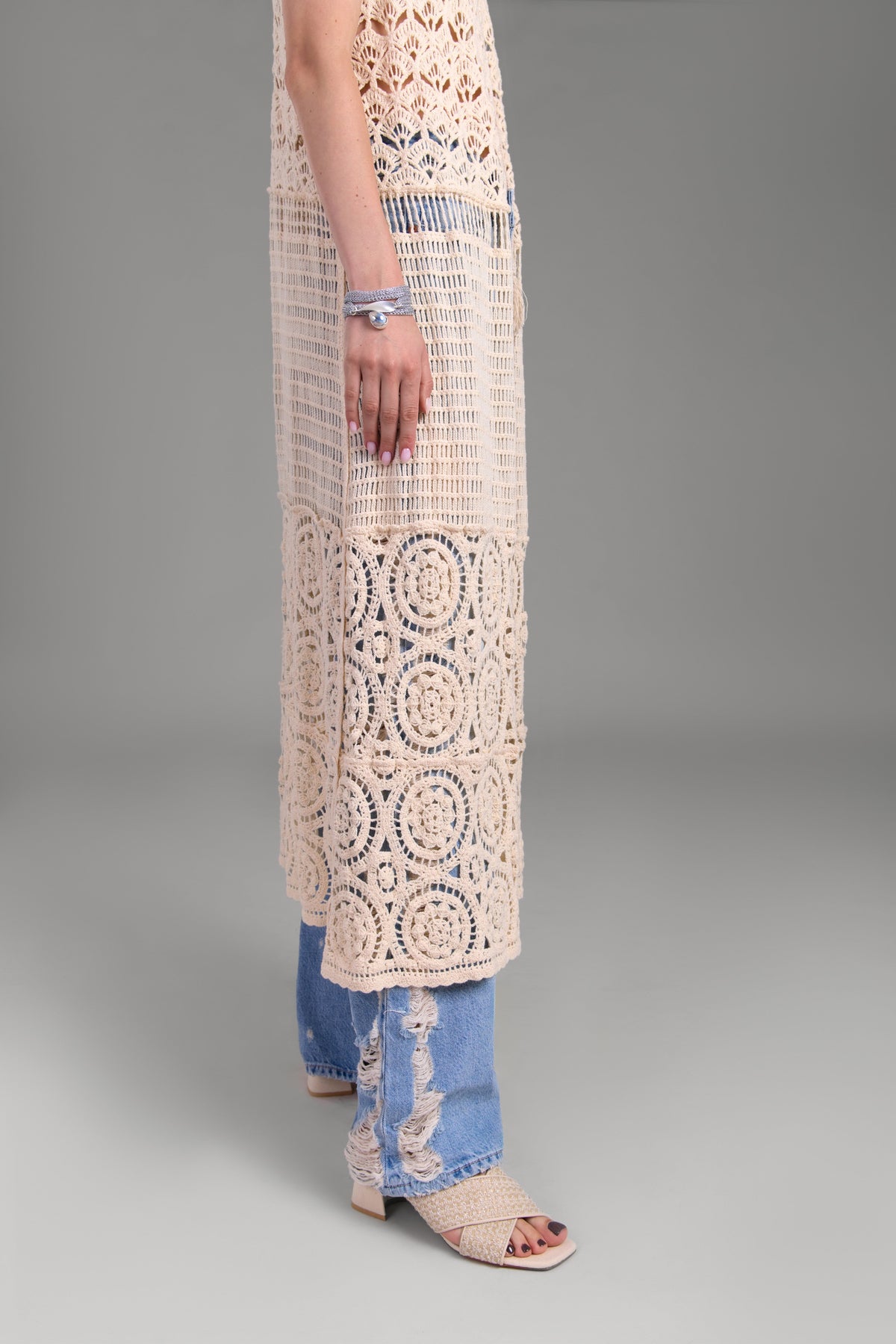 Crochet Tie Front Long Kimono - Ivory