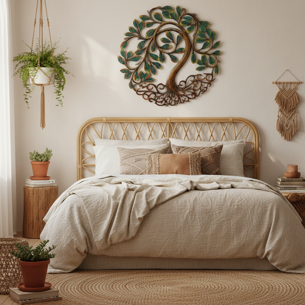Painted Shining Tree Haitian metal art above bohemian bedroom headboard