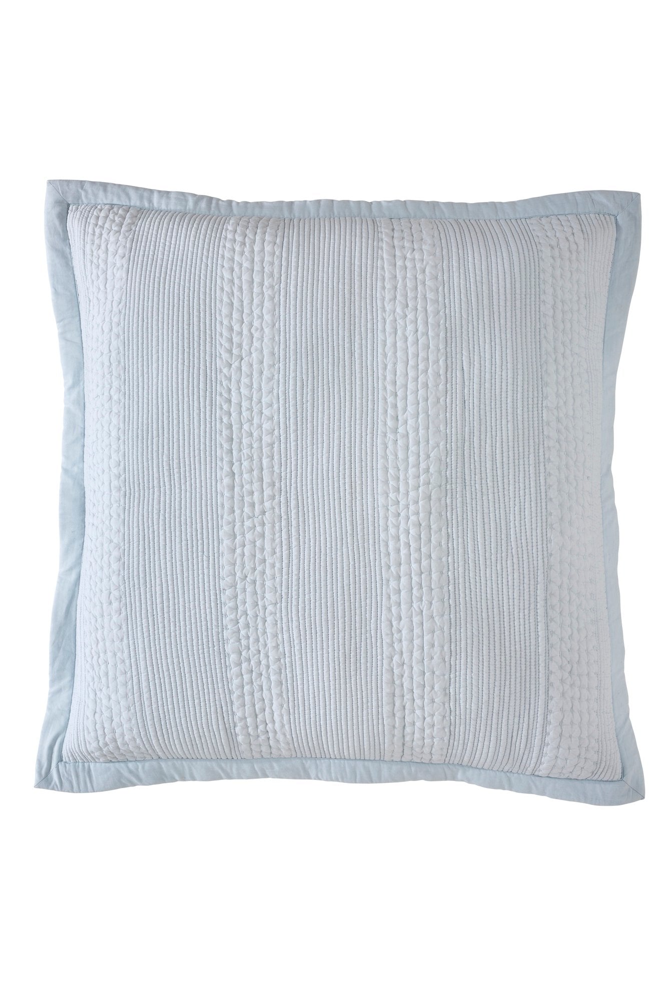 ES-257-2626_1|Light blue pillow sham featuring unique vertical striped quilting and a soft blue border, ideal for serene bedding.