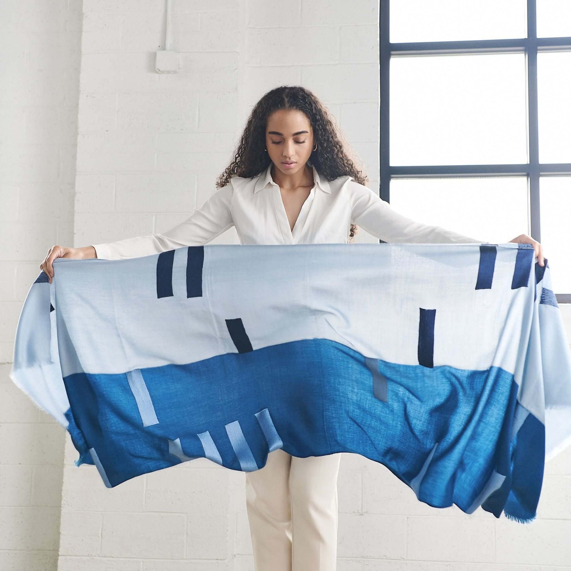 Harbor Blue Silk Merino Hand Woven Hand Embroidered Modern Artisanal Scarf displayed elegantly.