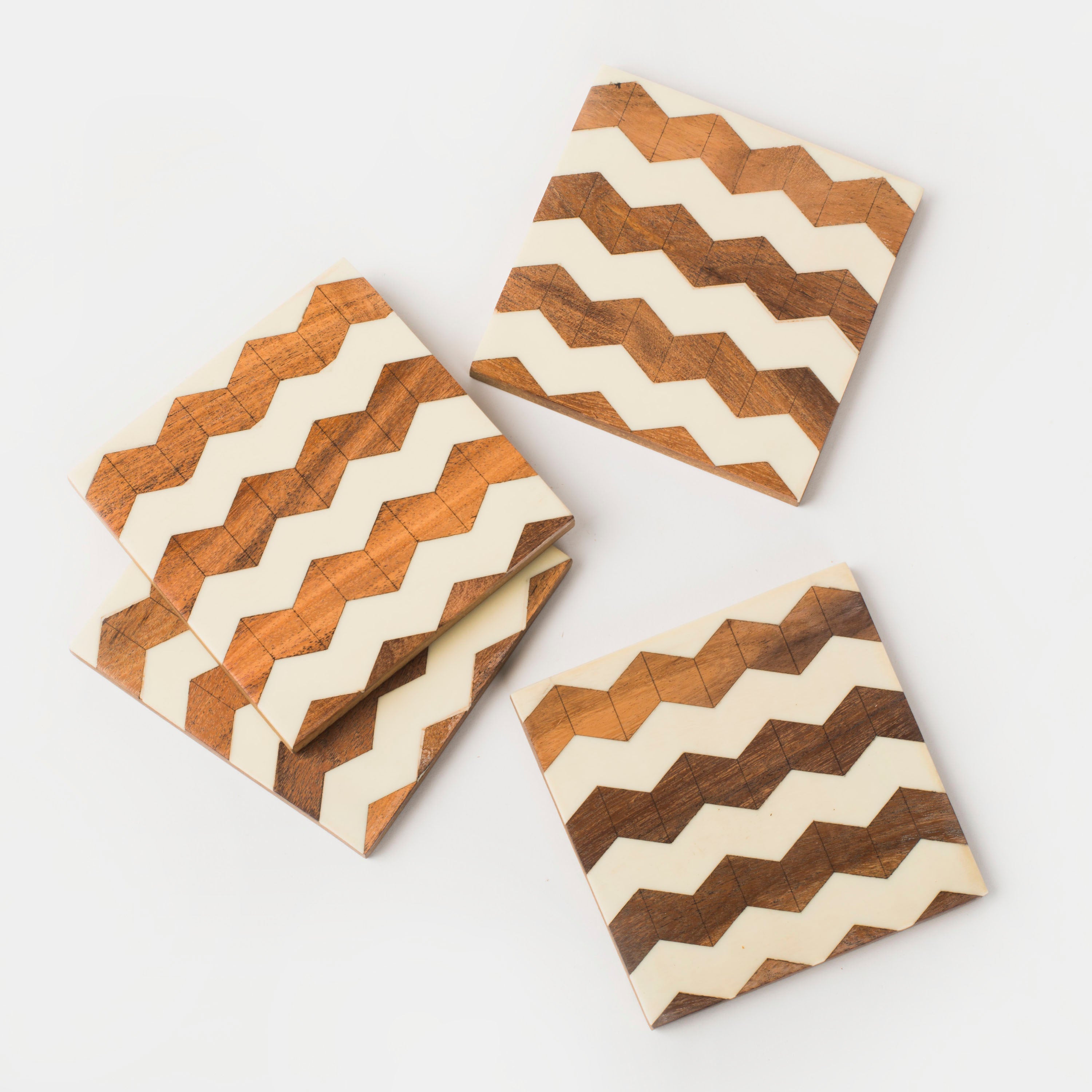 Marquewood Stripes coasters set with chevron wood and resin inlay