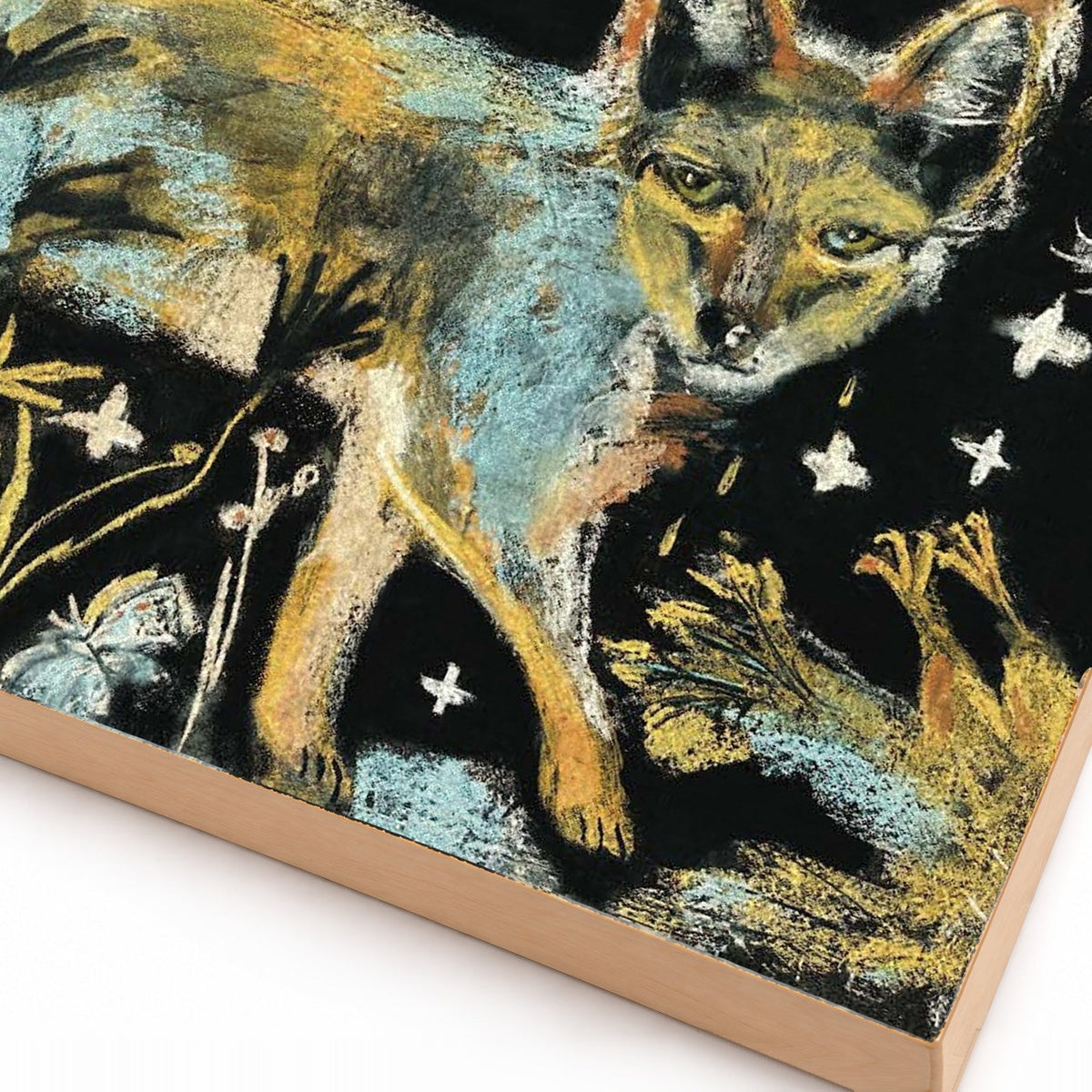 Close-up detail of the Nighttime Coyote and Chicken art print showing the print and wood edge