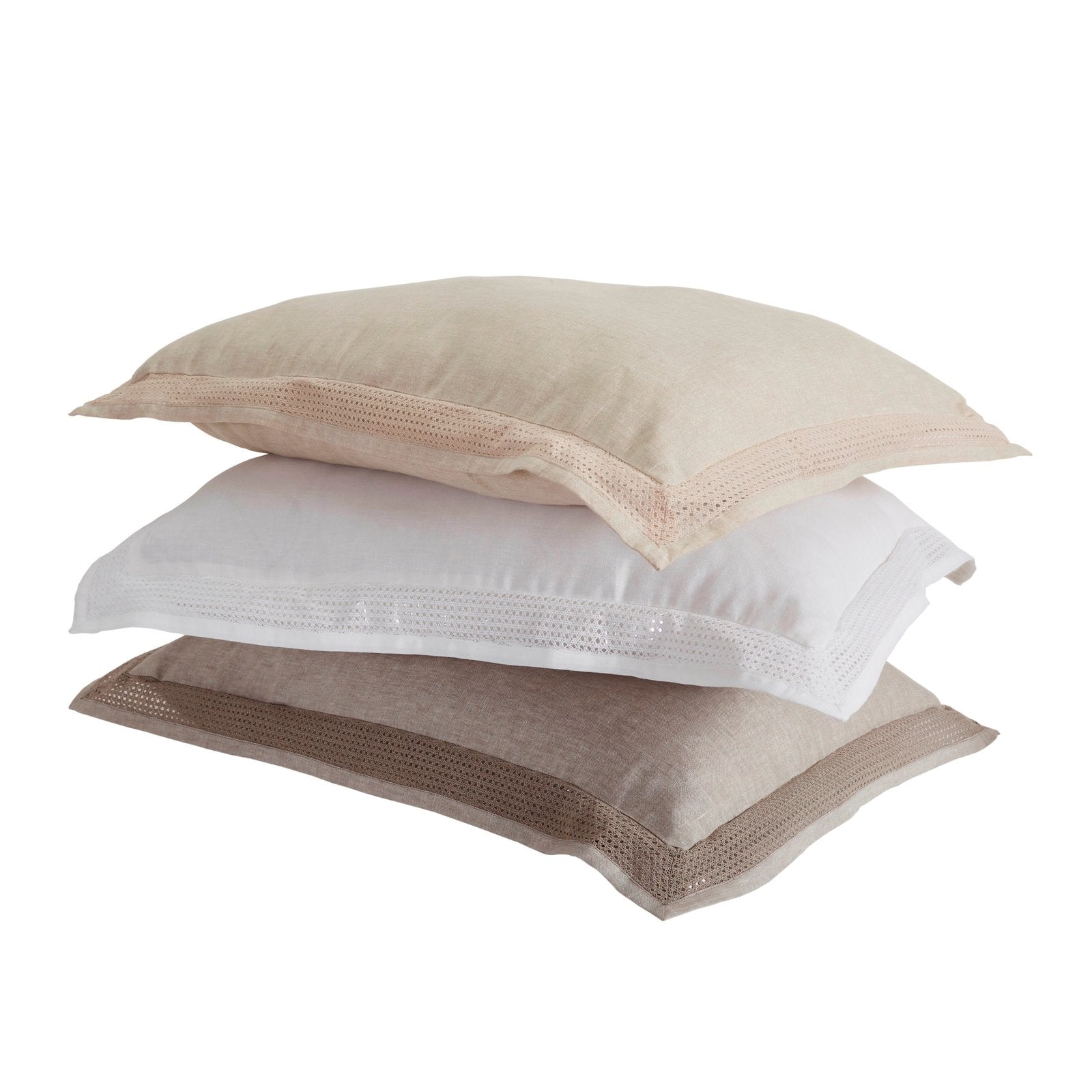 SS-020-X_1|Stacked natural linen pillows with delicate lace trim in beige, white, and brown, offering rustic elegance and soft support.