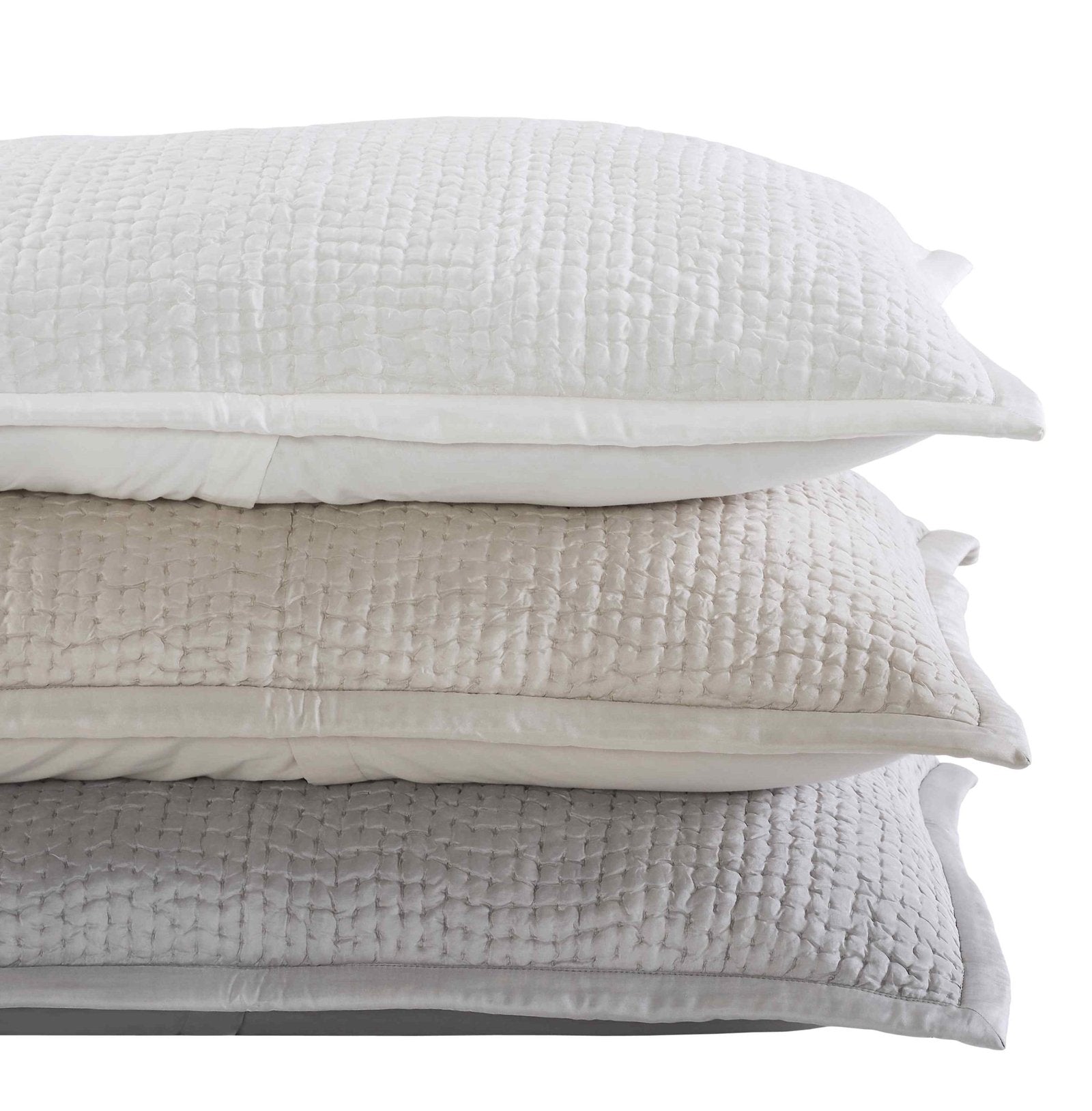 ES-165-2626-PO1225-LOT1_2|Stack of three quilted standard shams: white, light taupe, light gray, all with waffle texture, coverlet set.