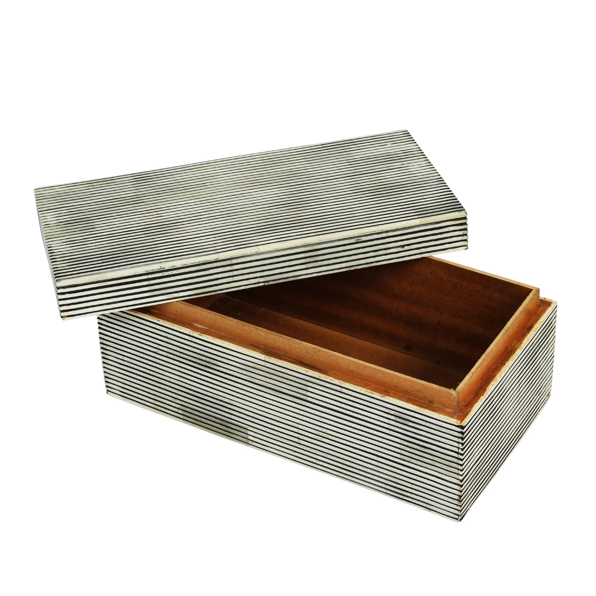 Natural finish pinstripe bone inlay storage box with lid open