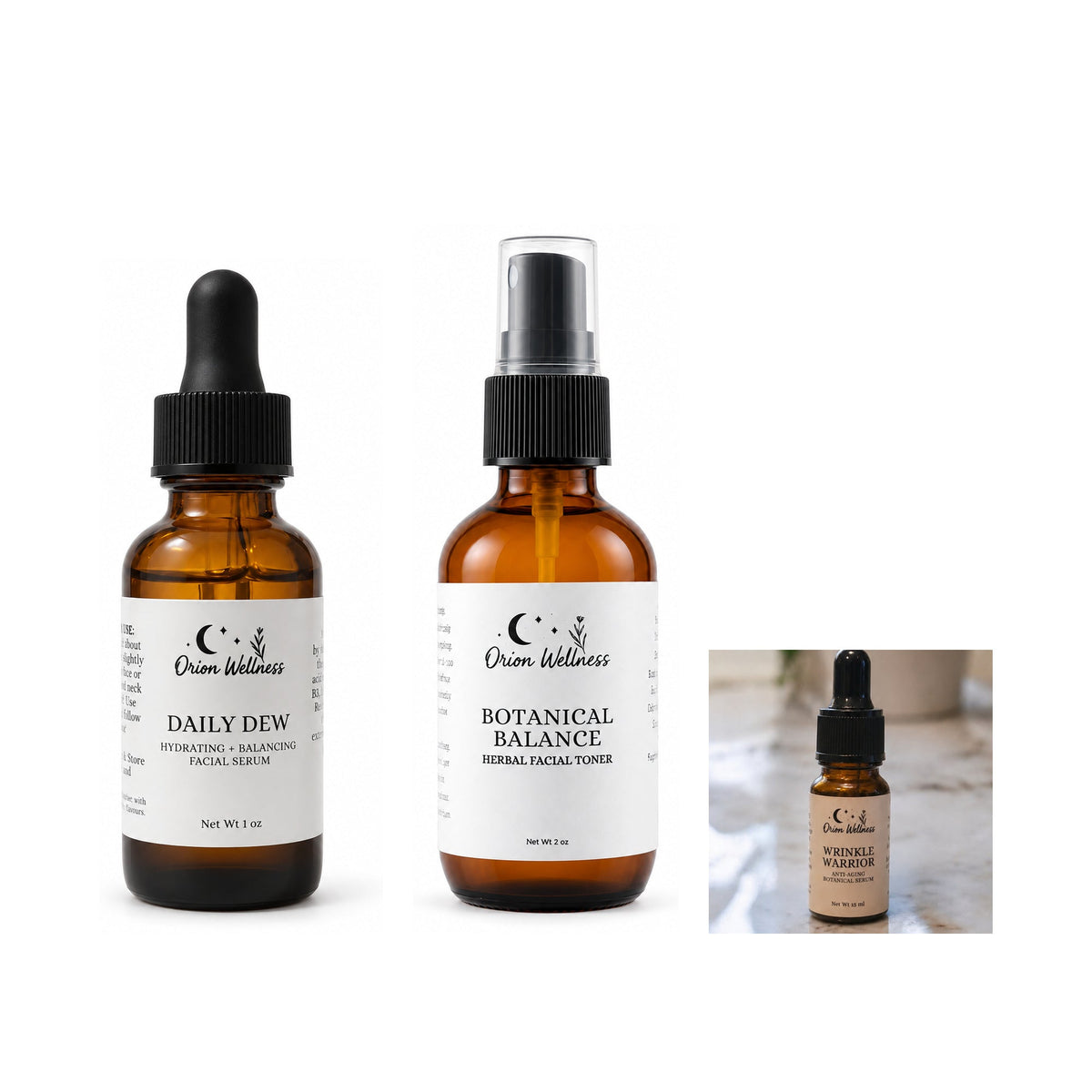 Dew + Glow Facial Trio by Orion Wellness on a white background