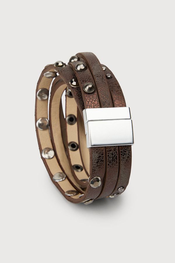Western Stud Leather Bracelet - BROWN