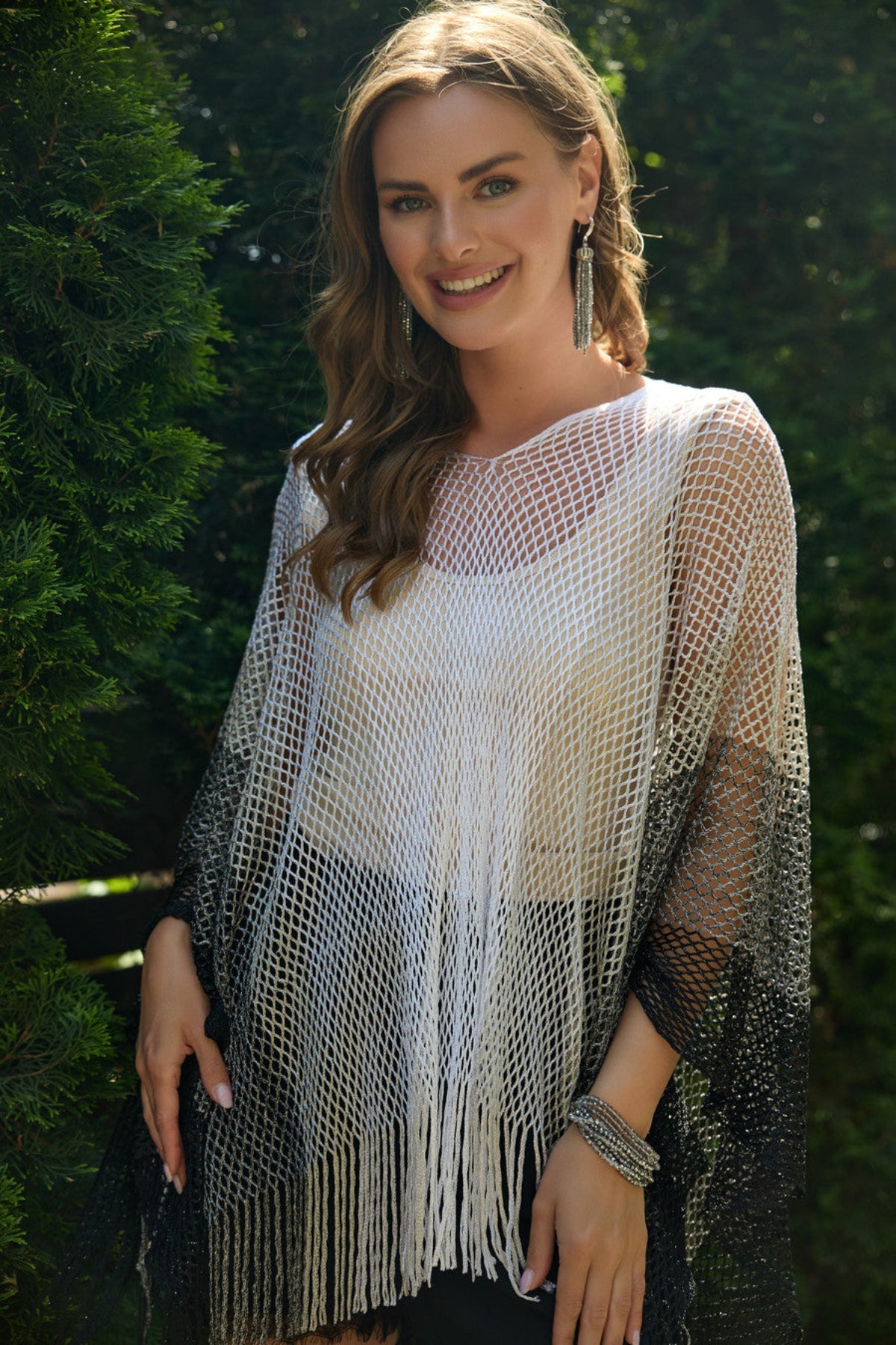 Metallic Fringe Poncho - Silver