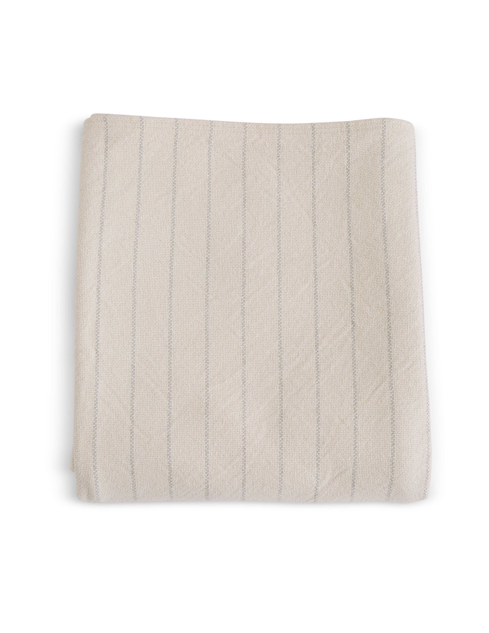 Luxurious Evangeline Linens white and grey striped bed blanket on white background. 100% Cotton, pinstripe pattern, durable, washable.