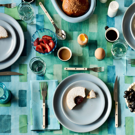 Blue Tapestry linen tablecloth with bold abstract brushstroke art pattern in turquoise and seafoam - Goldie Home