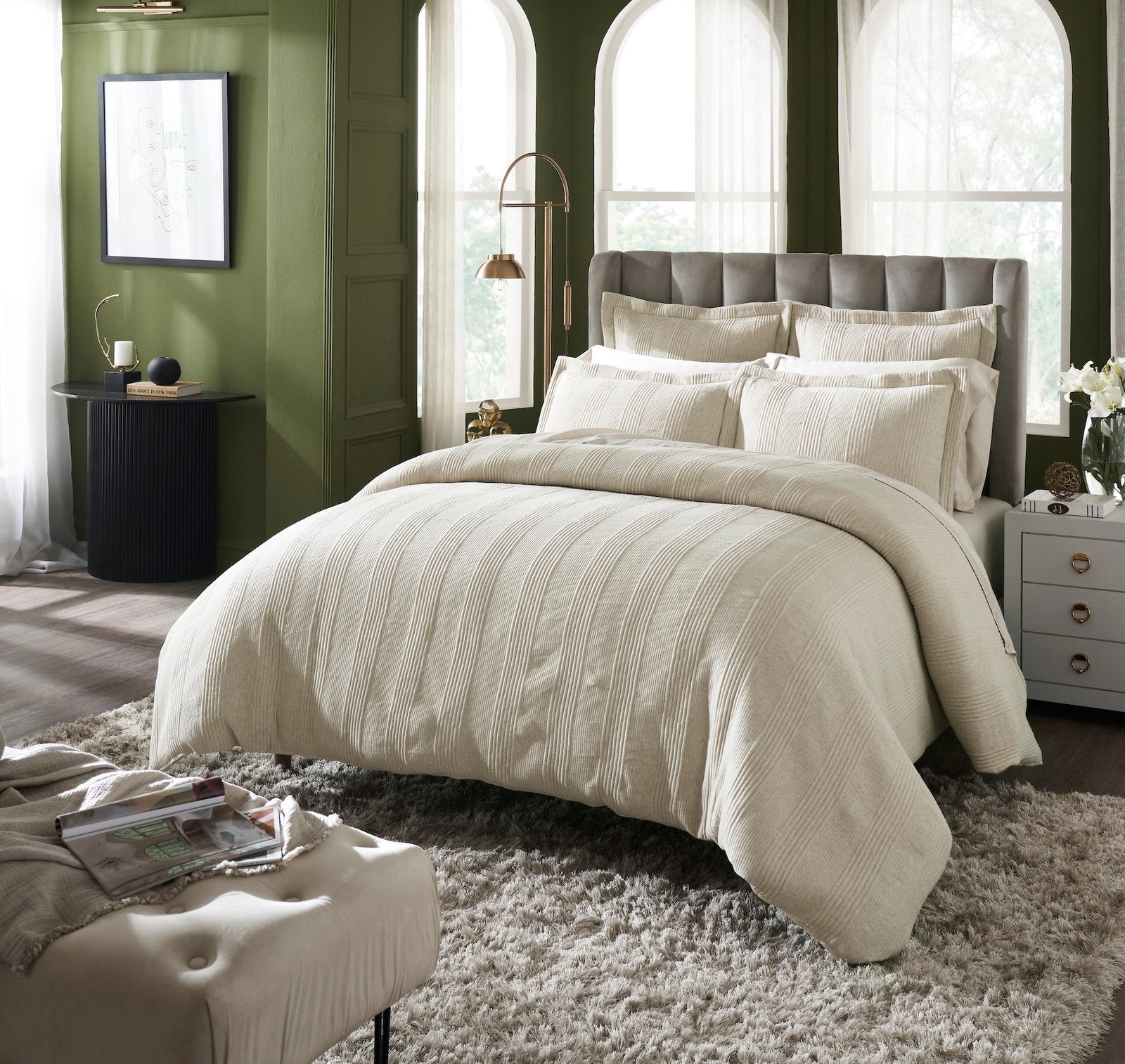 DT-040-10692_2|Stylish beige ribbed duvet cover set on a king bed, elegant neutral tones, enhancing a comfortable and inviting bedroom.