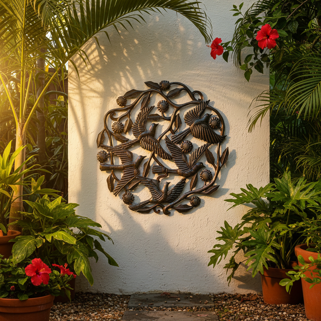 Birds in Flock Haitian metal art leaning against an outdoor garden wall with tropical plants