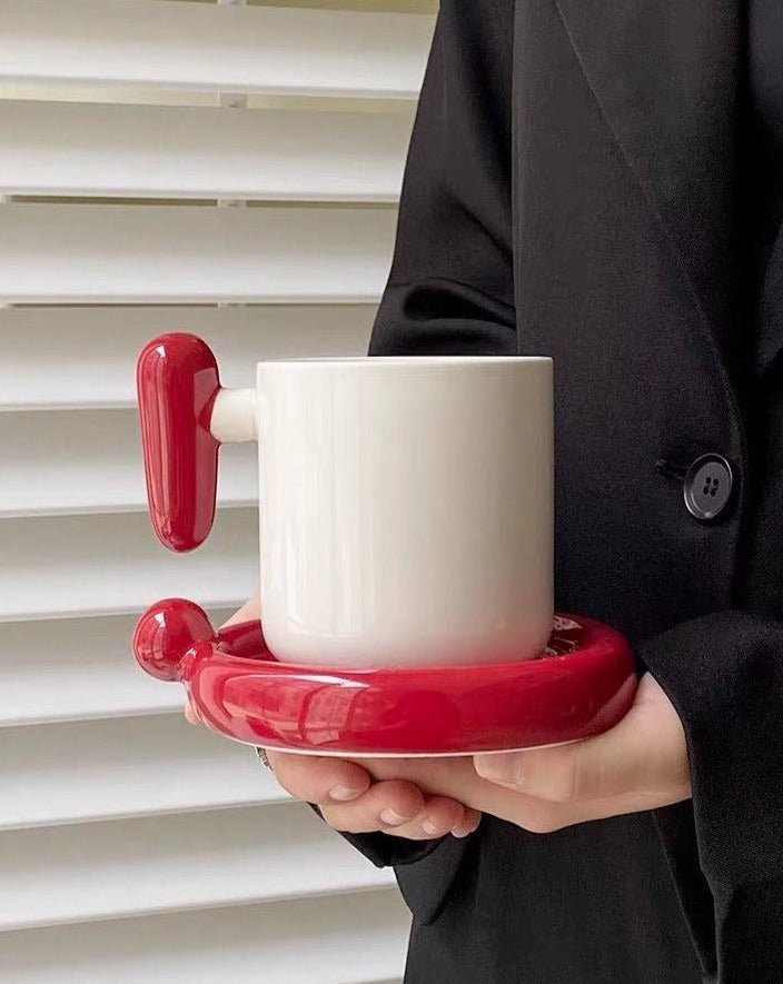 Handmade !? Ceramic Coffee Mug with Saucer - Unique Cute Funny Novelty Mugs - Mugs - !? Ceramic Coffee Mug with Saucer-Red Exclamation Mark - INSPECIAL HOME