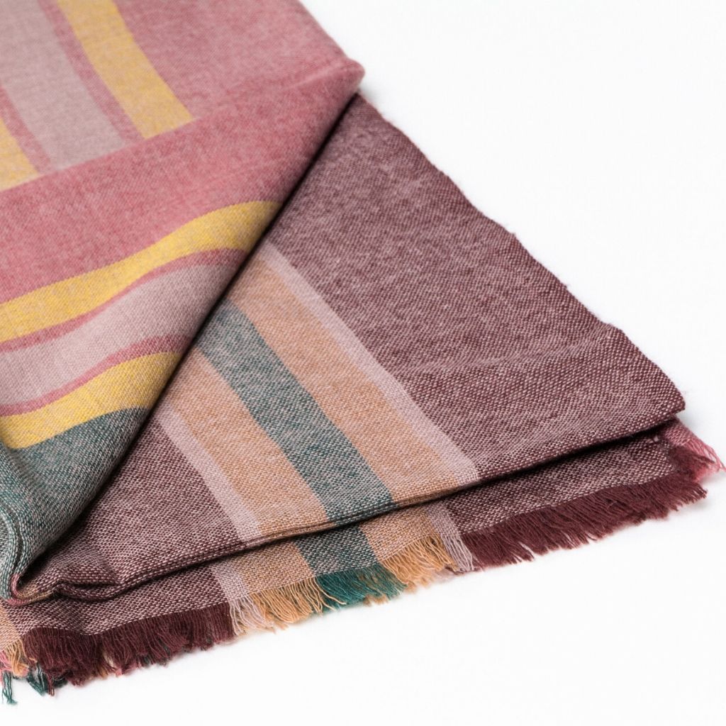Barque Clay Modern Artisan Striped Soft Merino Handwoven Scarf in rich colors and intricate patterns.