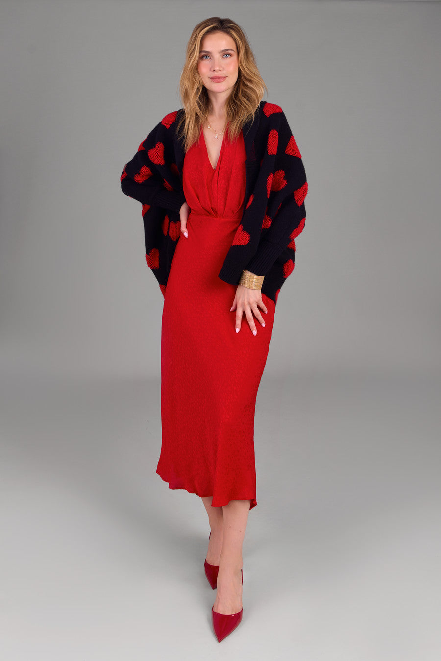 Heart Cardigan Ribbed Knit - Red & Black