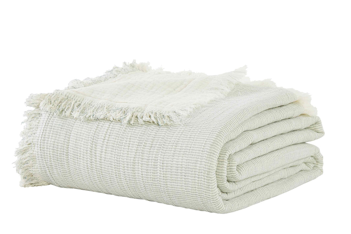 BT-111-11096_4|Neatly folded sage green textured blanket with stylish fringe edges, perfect for adding cozy comfort to any space.