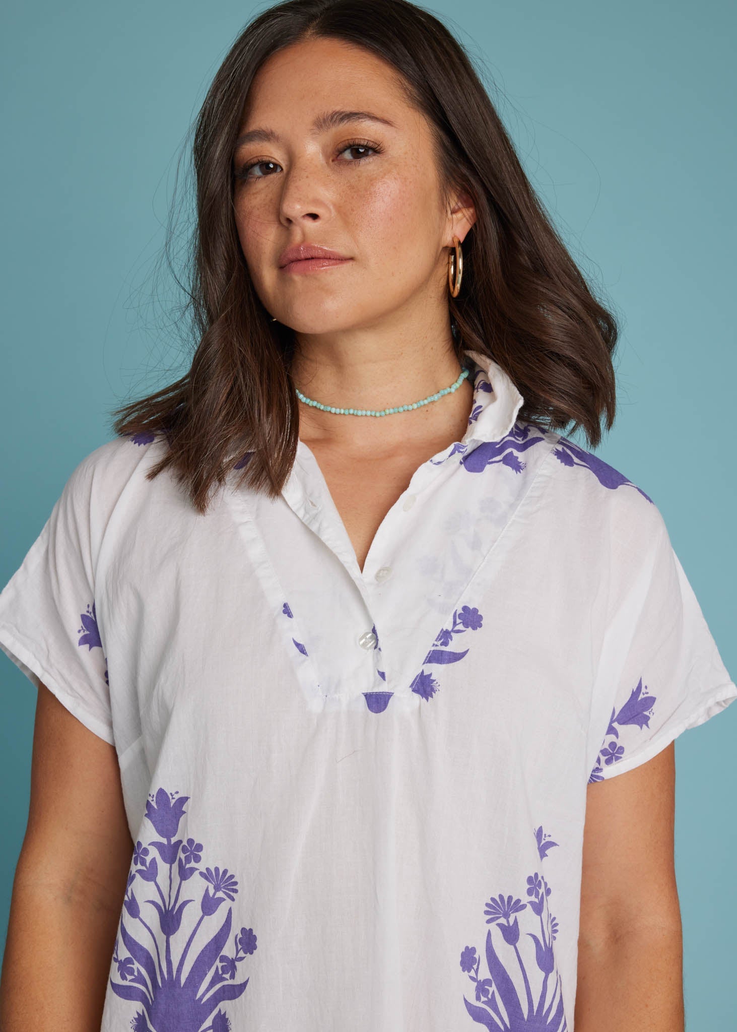 Scout Caftan - Cameo Floral Coastal Purple 4 - Front - Close up