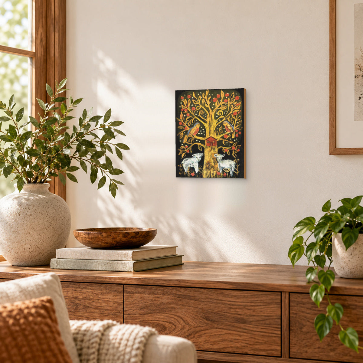 Vermont Tree of Life apple tree and lambs art print, styled on a wall in a room