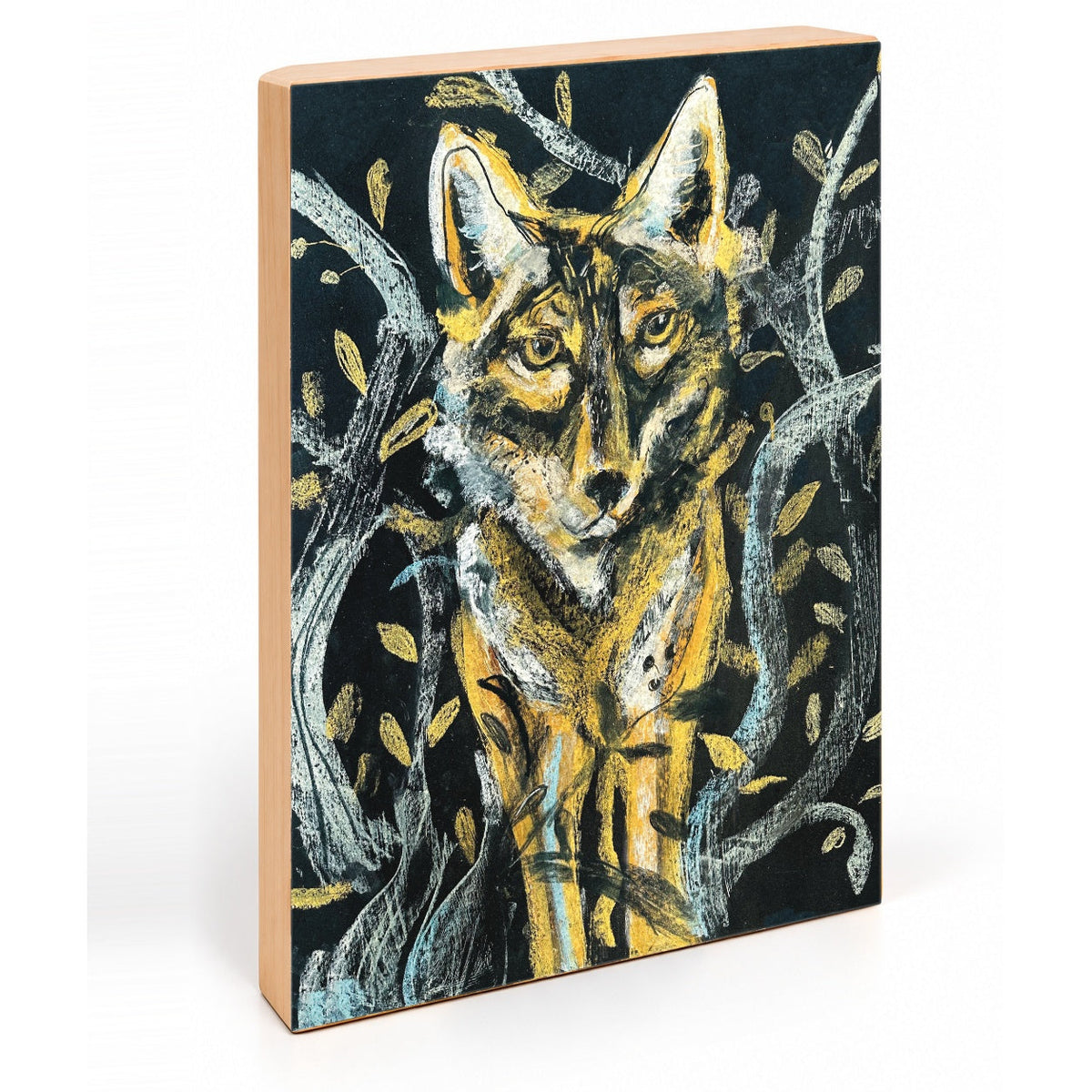Coyote in the Woods moonlit folk art print, angled view showing natural wood side