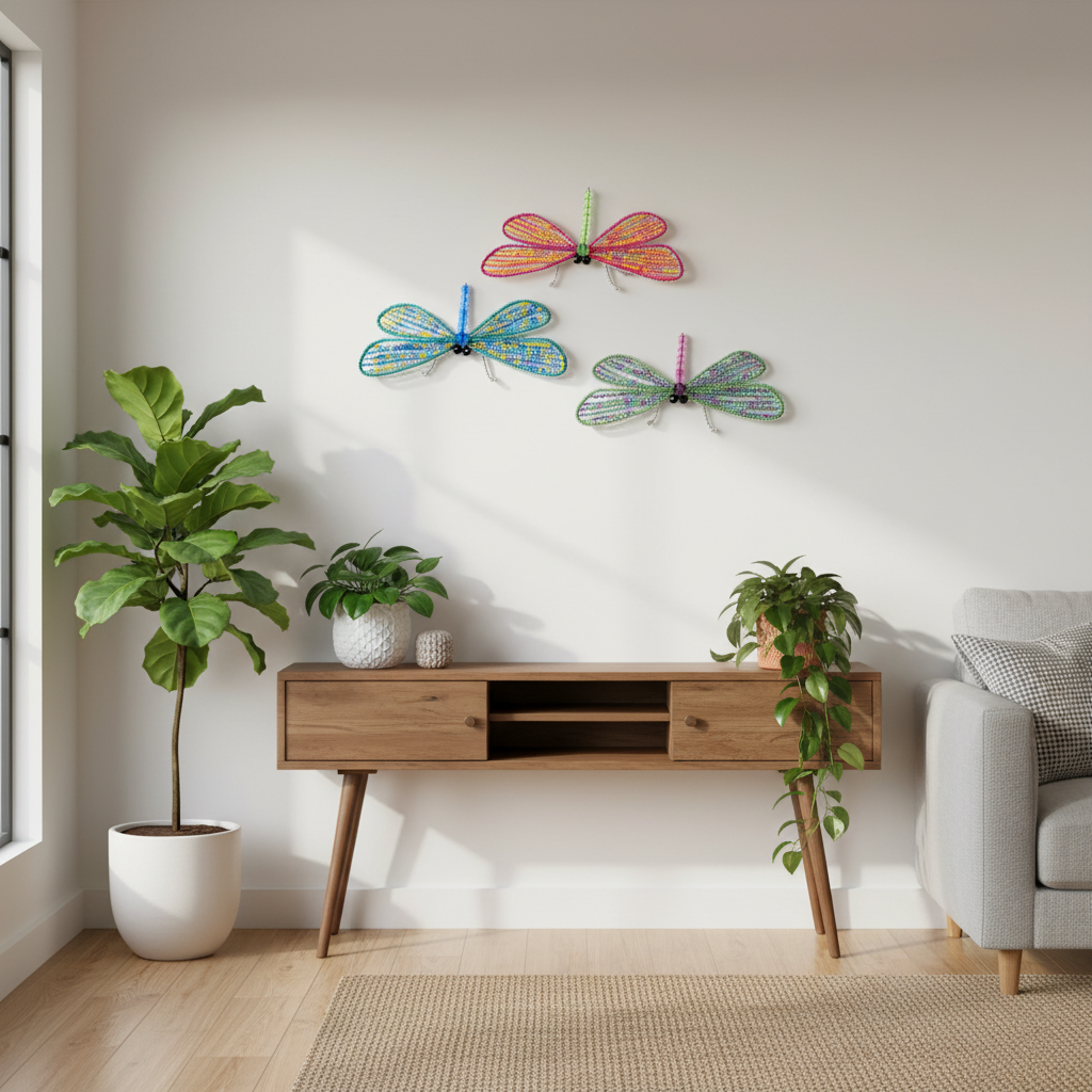 Dragonfly Lg Asst Set of 3 - handmade beaded dragonfly wall sculptures in living room home decor
