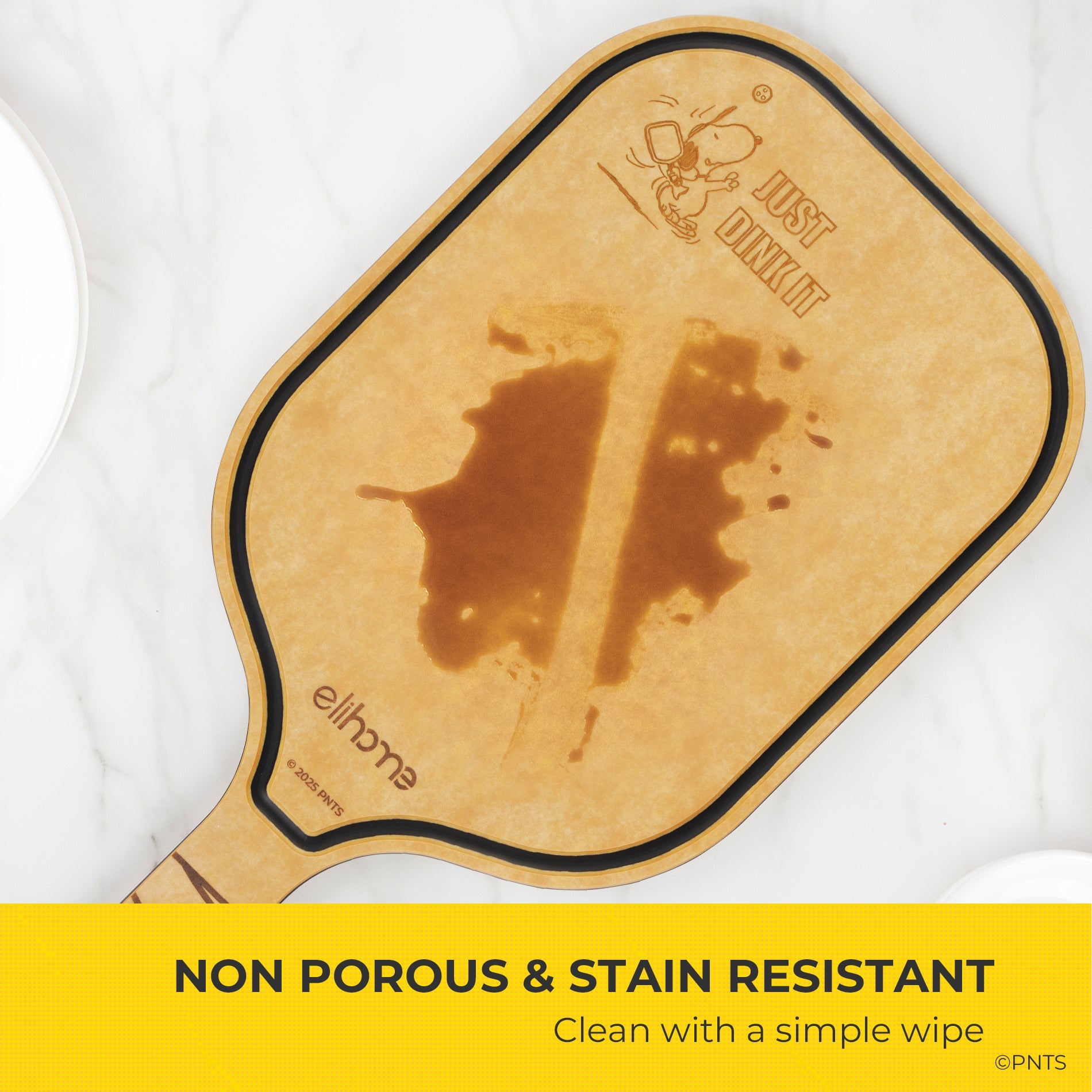 Sliced tomatoes on a wooden cutting board with a yellow accent and text.