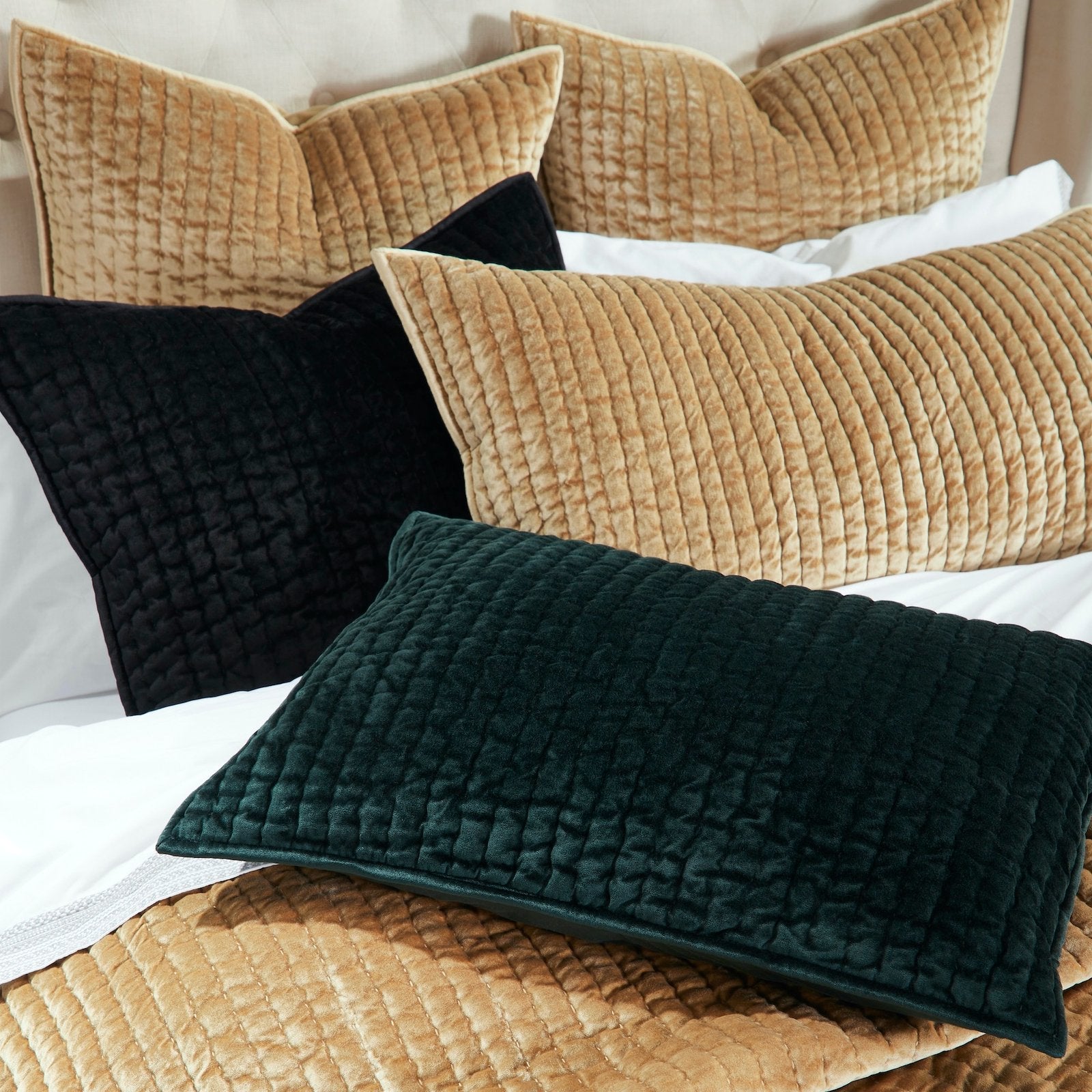 SS-340-X_2|Luxurious quilted velvet pillows in black, gold, and deep green for stylish bed decor and comfort. Plush texture.