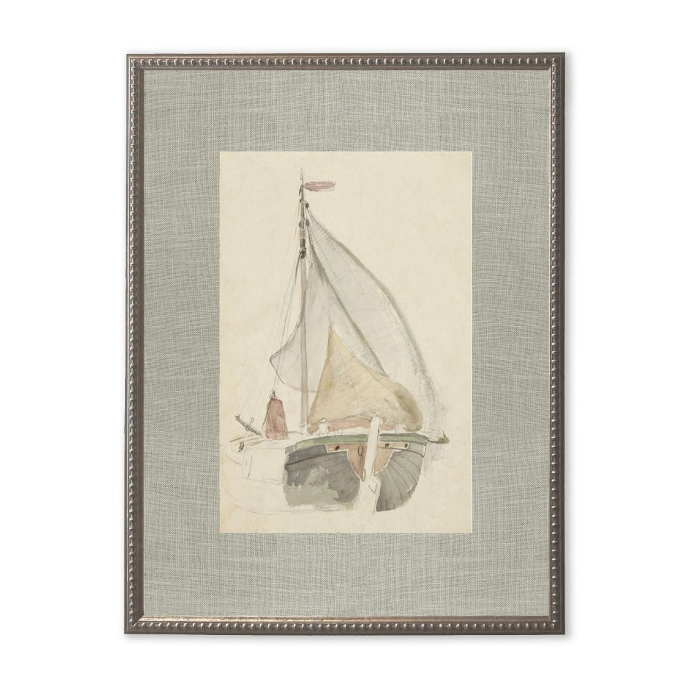 Sailboat Painting Matted in Silver-Beaded Frame