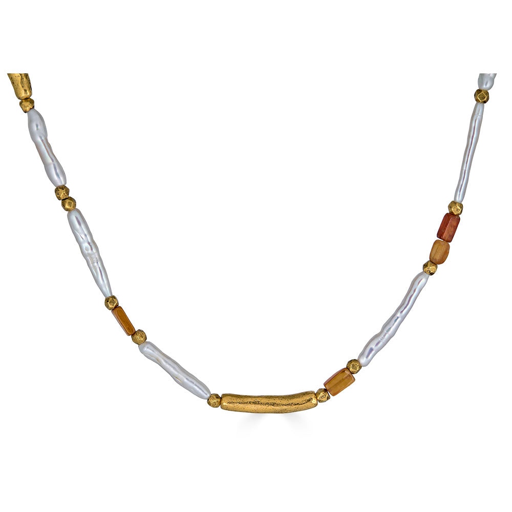 Biwa Pearl and Hessonite Garnet beaded necklace with gold accents on adjustable chain
