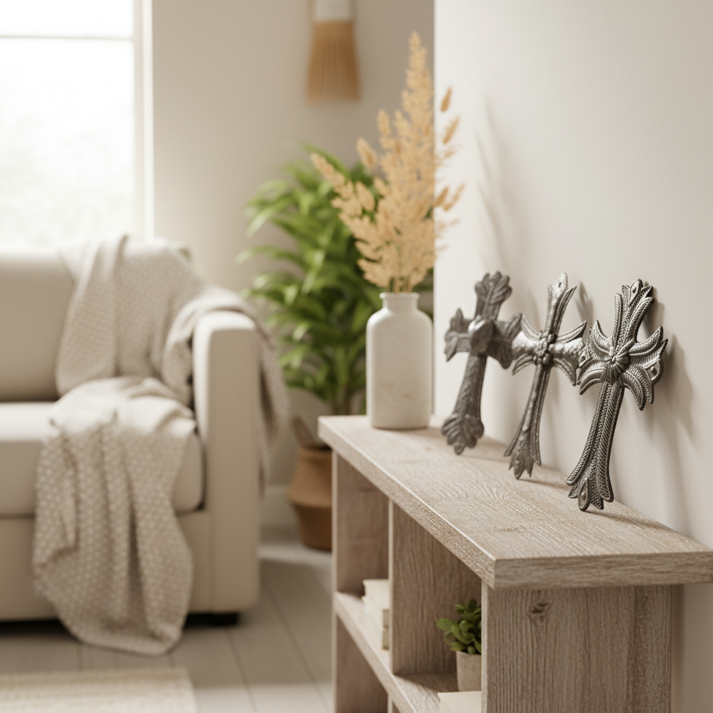 Small Crosses Set of 4 - Haitian metal art displayed on rustic wooden shelf