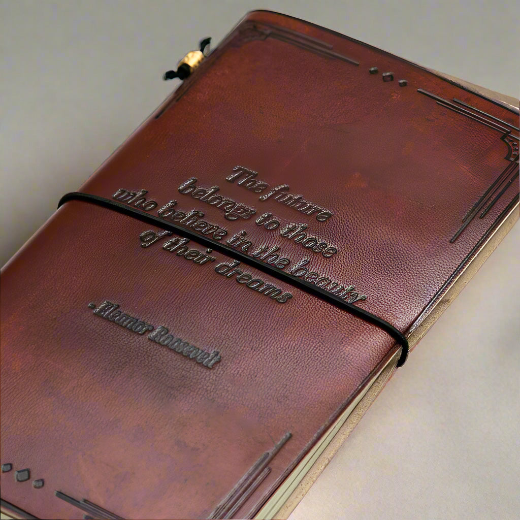 Minimalist leather notebook with embossed mantra – ethically made, ideal for personal growth and inner peace