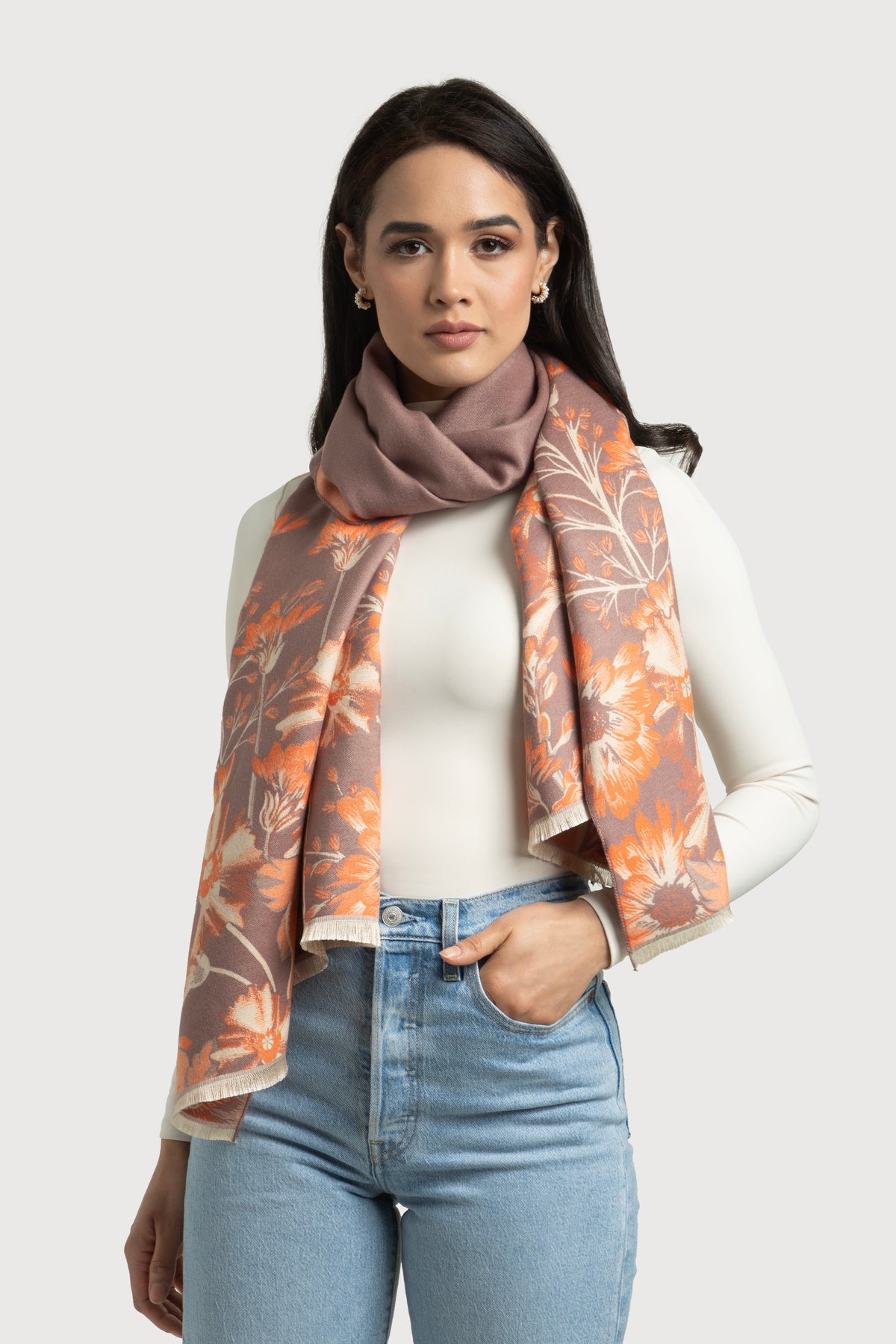 Reversible Floral Oversized Scarf - Orange
