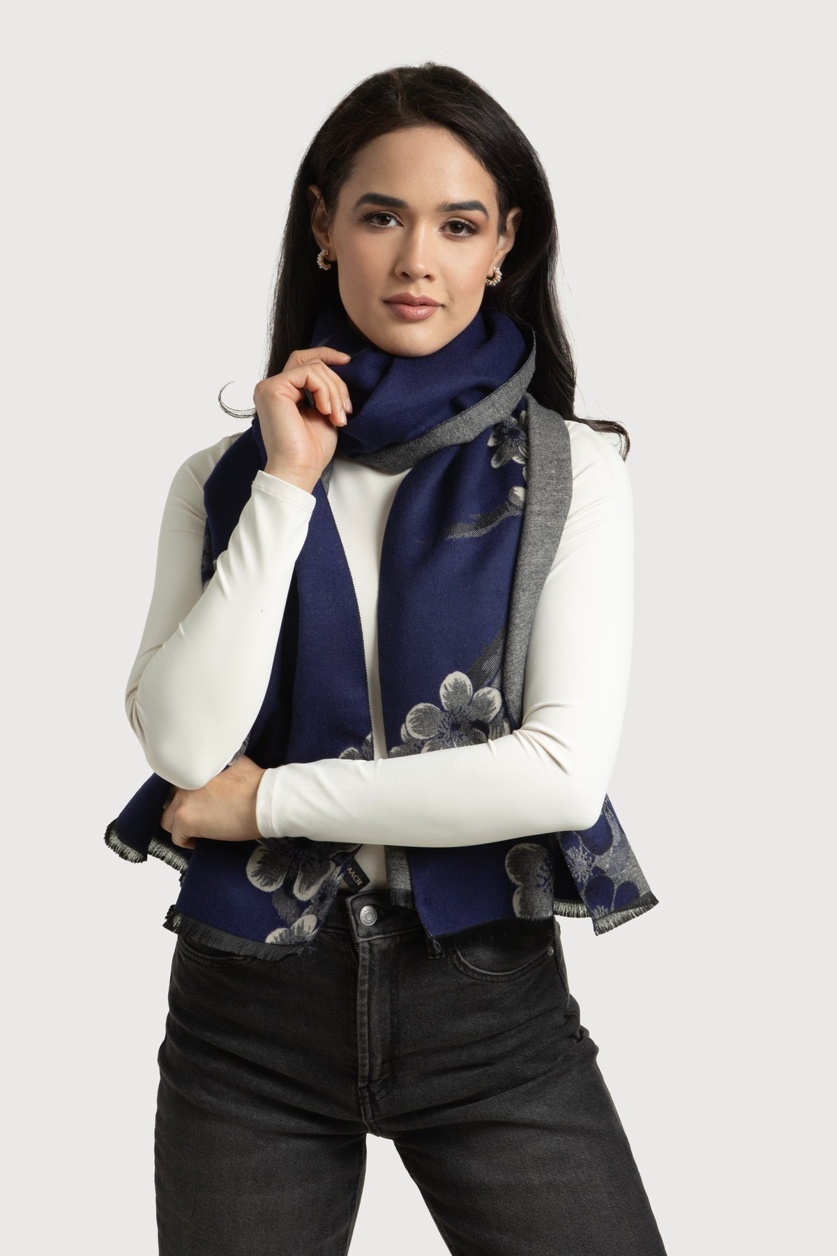 Two Color Floral Reversible Scarf - Navy
