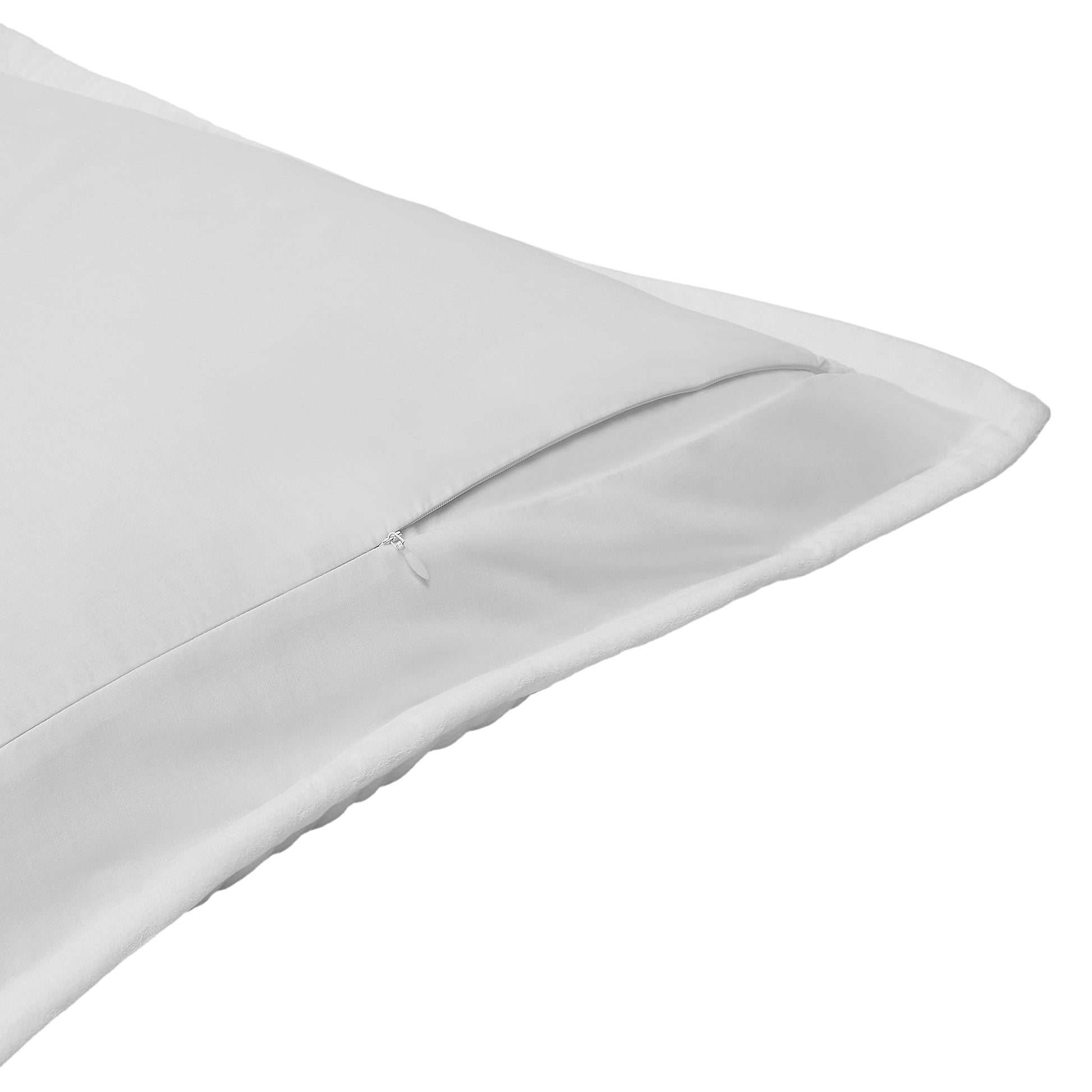 ES-376-2626_2|White quilt with ruffled edges and a navy stripe visible on a bed, paired with decorative pillows, creating a cozy and stylish bedroom look.