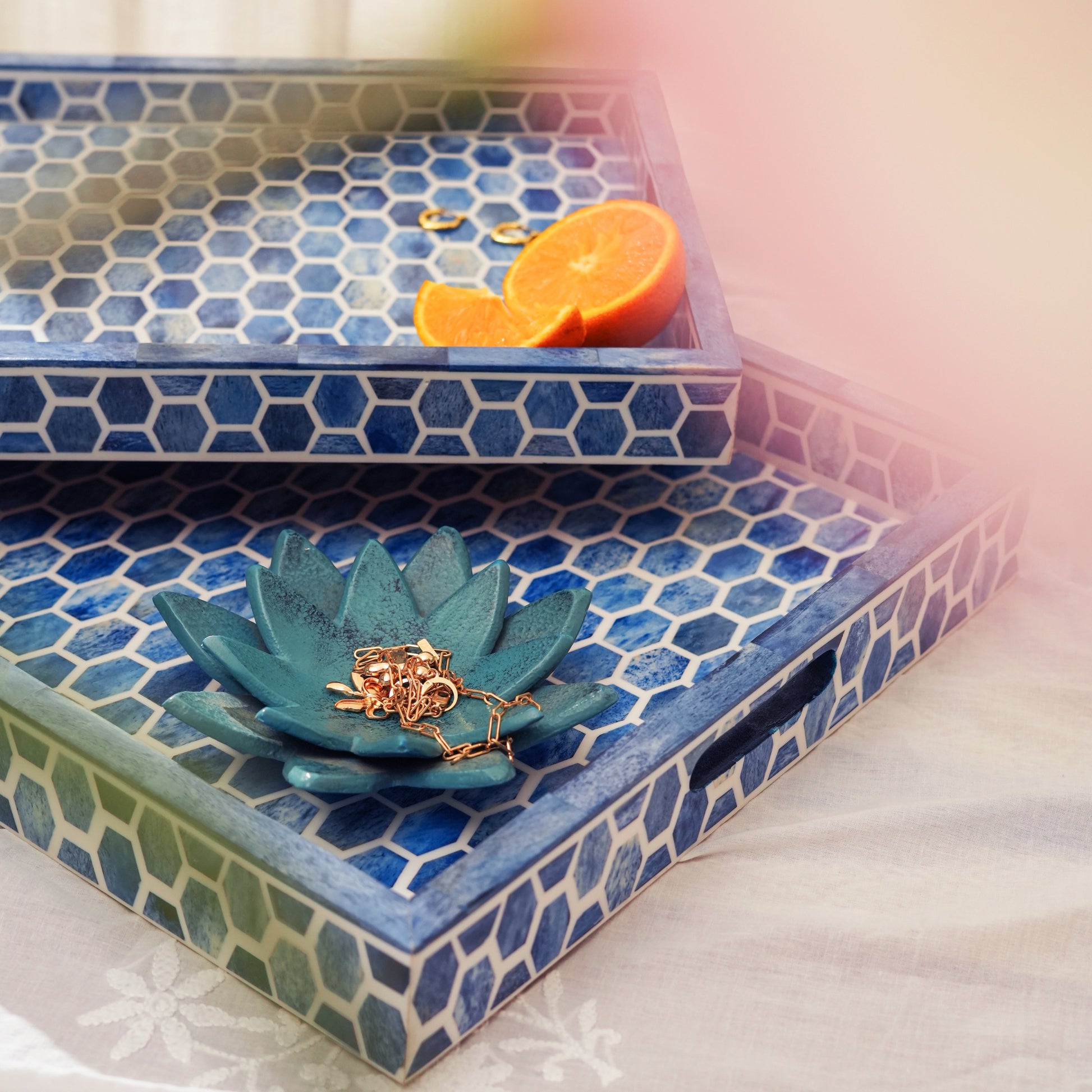 Rectangular indigo blue serving tray with handcrafted bone inlay and raised edges for home styling.