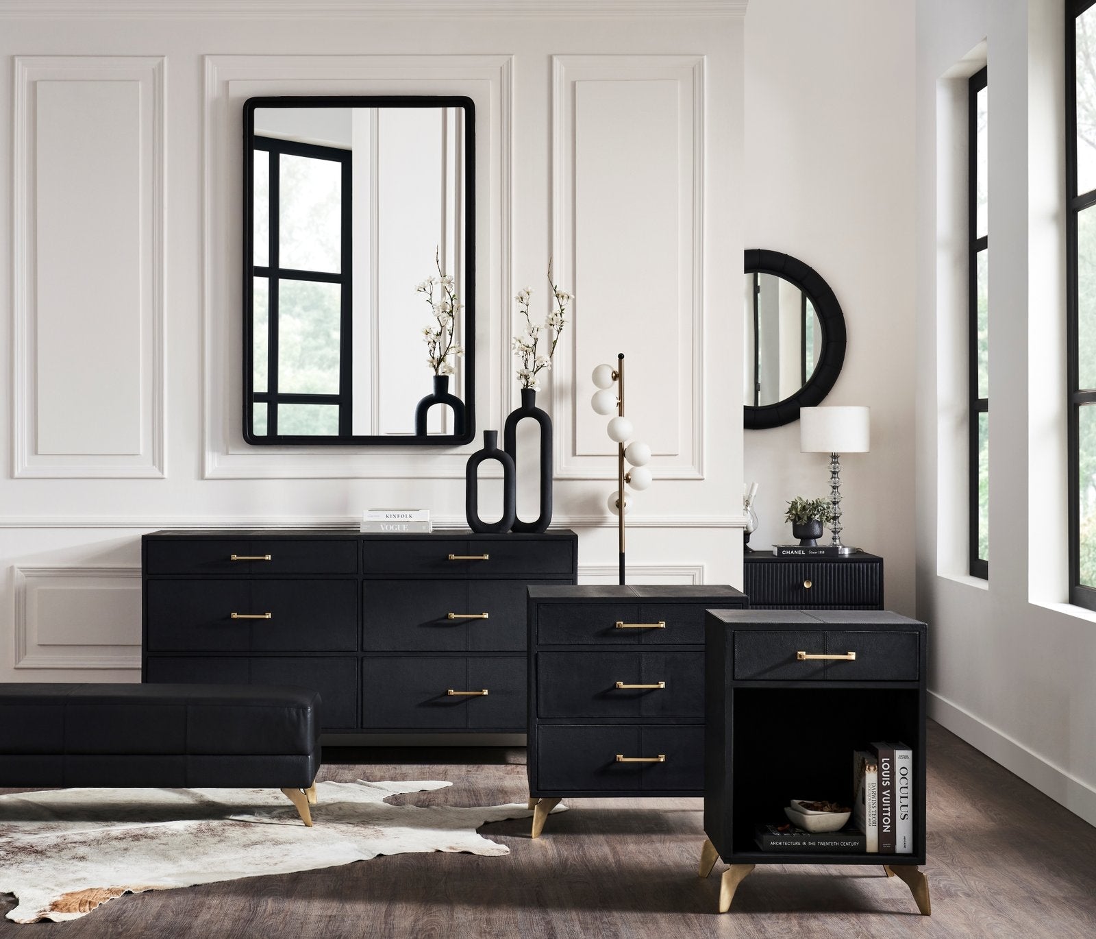 FN-5201-X_2|Bold rectangular black framed mirror enhancing a modern and elegant bedroom decor, adding sophisticated style.