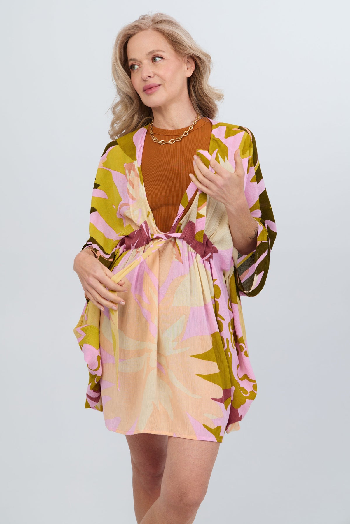 Multicolor Floral Short Kaftan - Cream