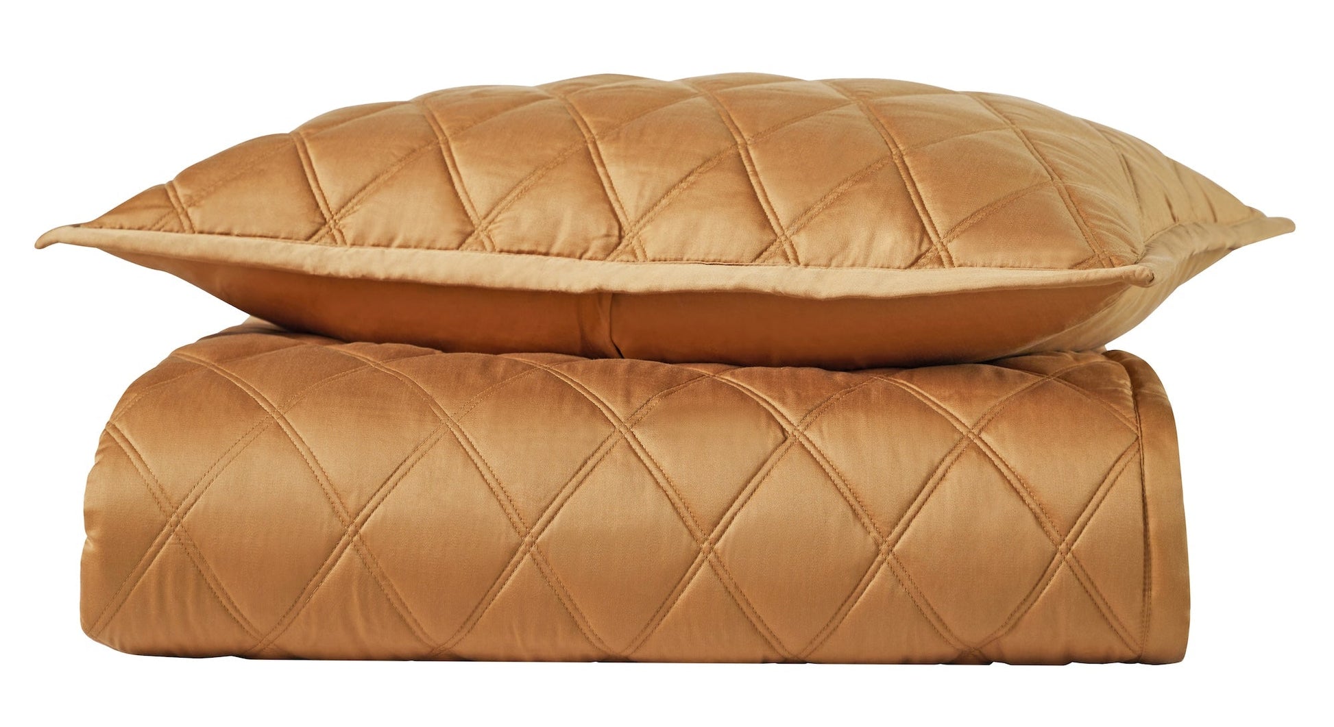 CL-260-11096_9|Rolled golden bronze quilted coverlet paired with matching pillow, showcasing a soft diamond pattern for luxurious comfort.