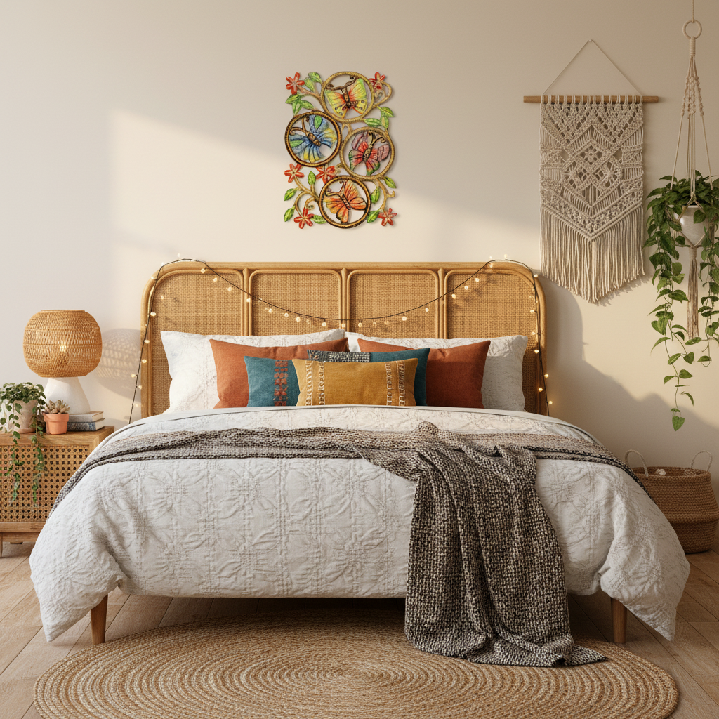Painted Butterflies on the Wall metal art displayed in a bohemian bedroom