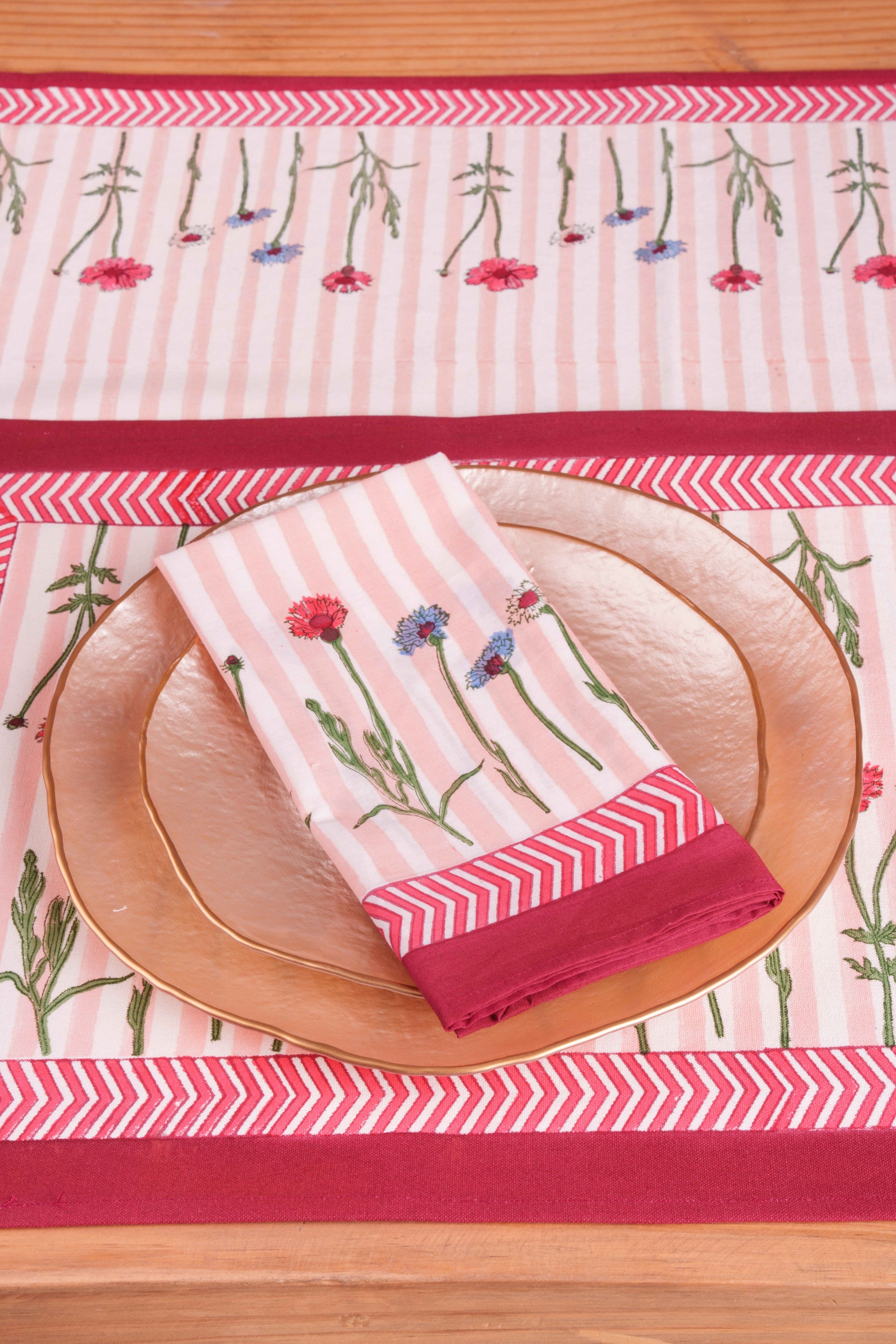 Napkins with pink stripe wildflower print on matching placemat - Inner Child