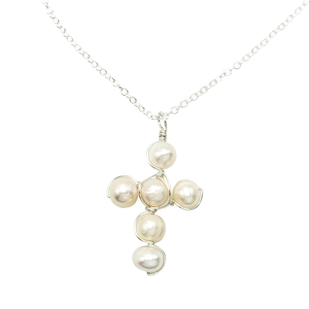 Pearl cross silver long necklace
