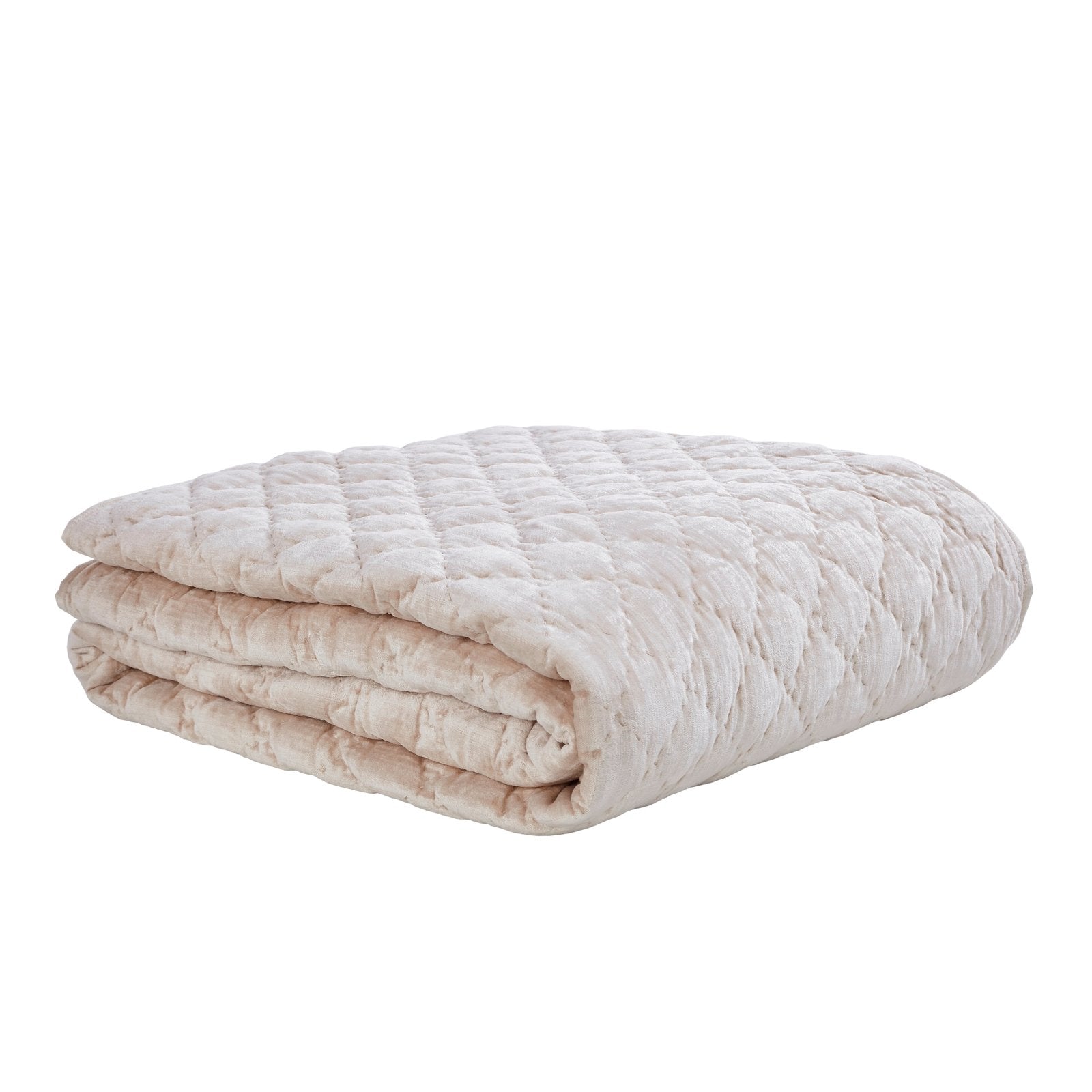 QT-342-9496_2|Folded cream velvet quilt showcasing intricate diamond quilting. Luxuriously soft and plush, perfect for cozy bedroom comfort.