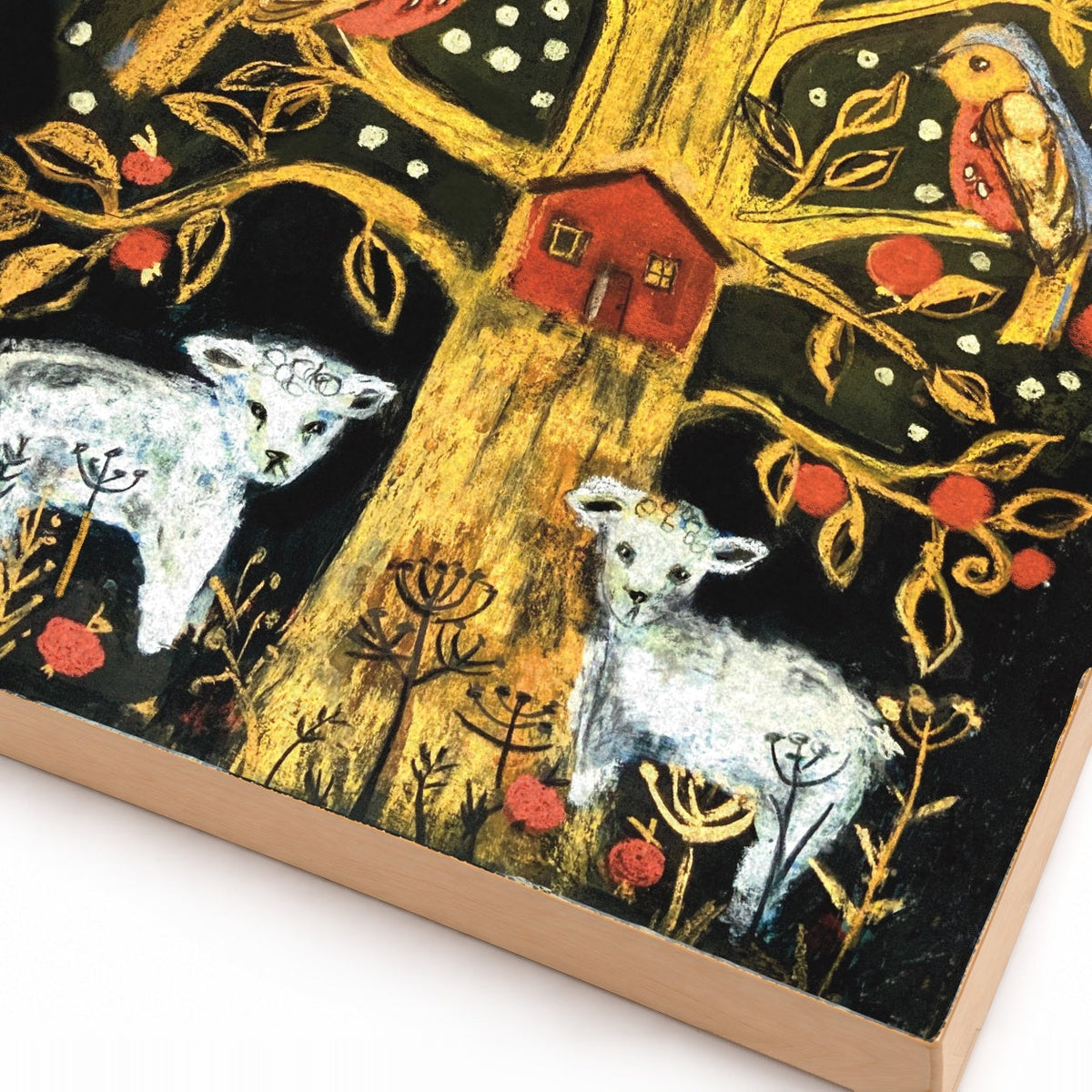 Vermont Tree of Life apple tree and lambs art print, close-up detail of print and wood edge