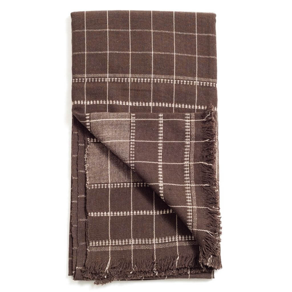 Treacle Checks Pattern Organic Cotton Handloom Throw showcasing a luxurious brown check design with fringed edges.