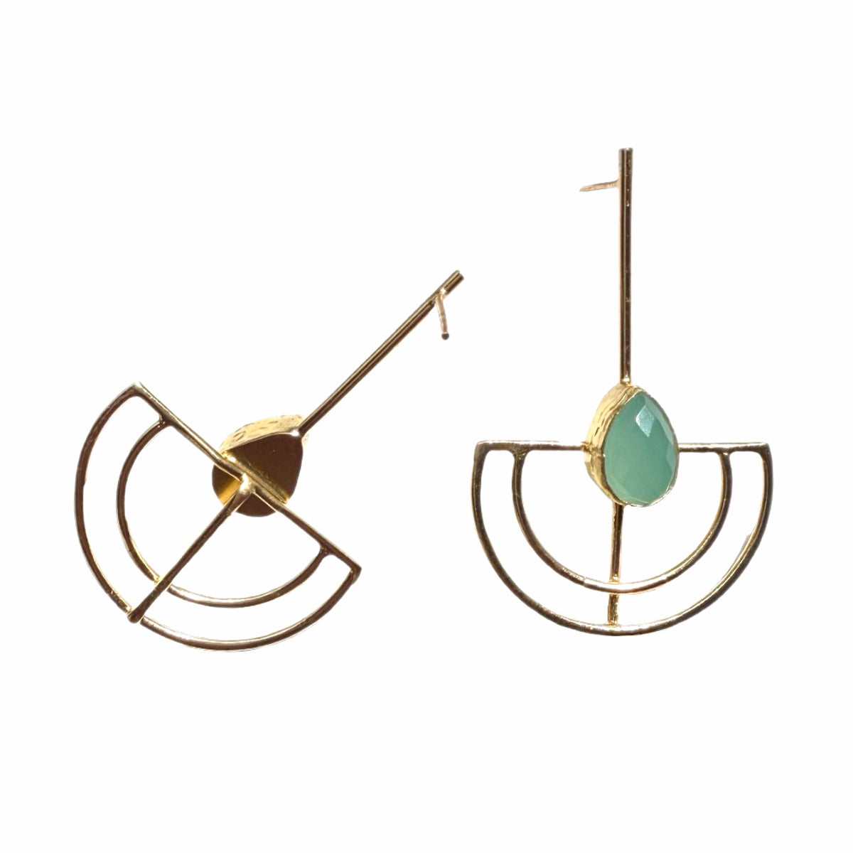 Gold-plated artisanal sustainable contemporary long aqua chalcedony earrings on a white backdrop