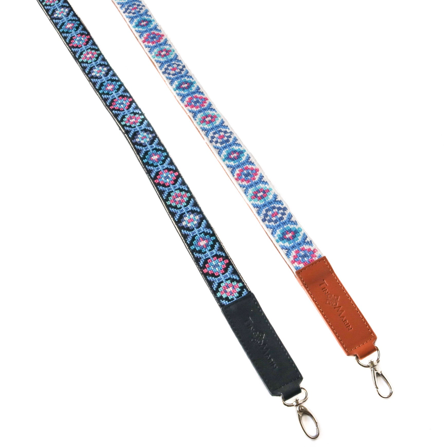 Mai Woven Bag Strap - Blue, pink, and turquoise with black leather crossbody woven hand embroidered cross stitch bag strap - Tin Marin Brand - Crossbody strap bag for women - handwoven bags and straps made by artisan communities