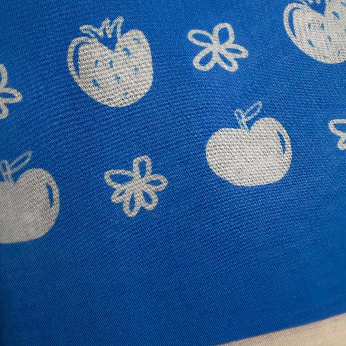 blue bandana with white flowers, apples and strawberries